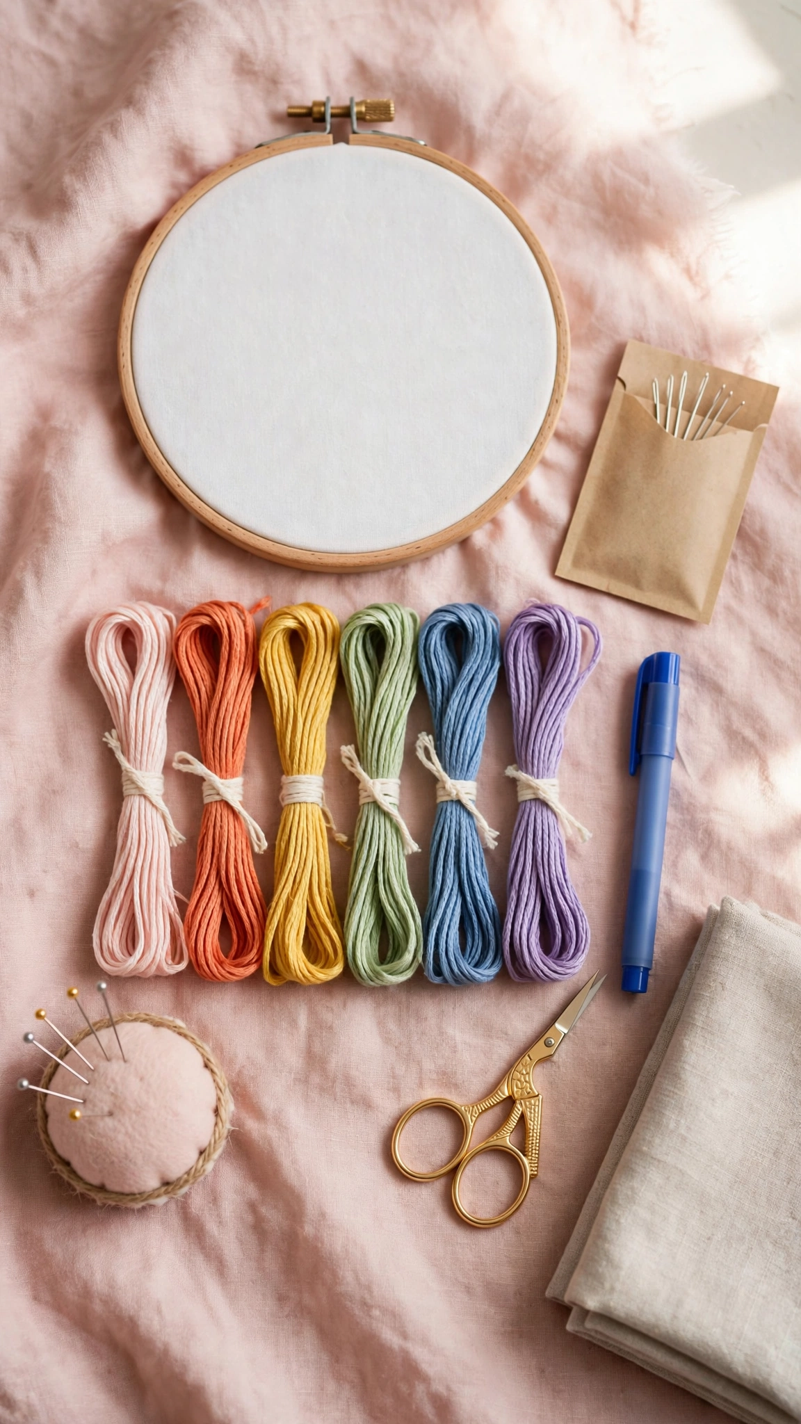 Flat lay of essential embroidery tools for beginners arranged on blush fabric