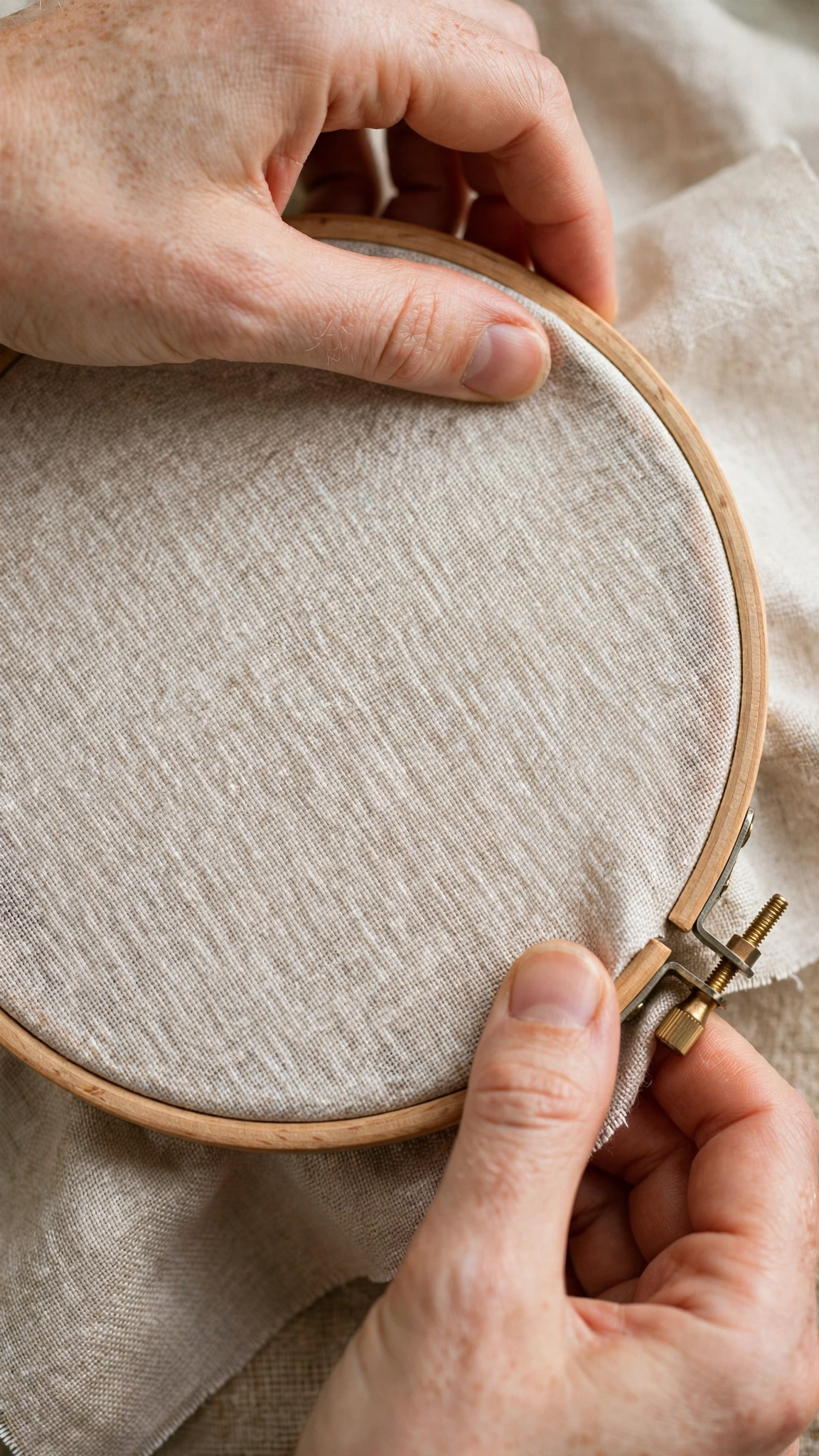 Hands aligning linen fabric weave grain squarely inside an embroidery hoop