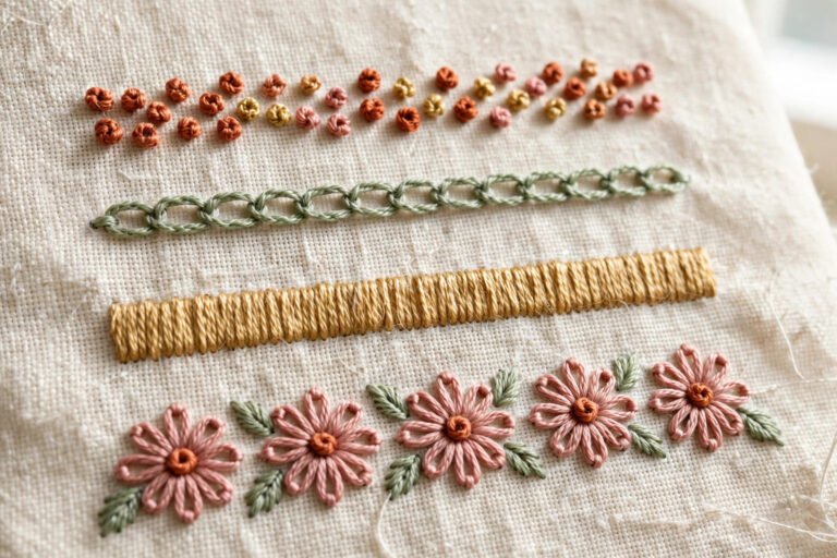 Colorful hand embroidery stitch sampler
