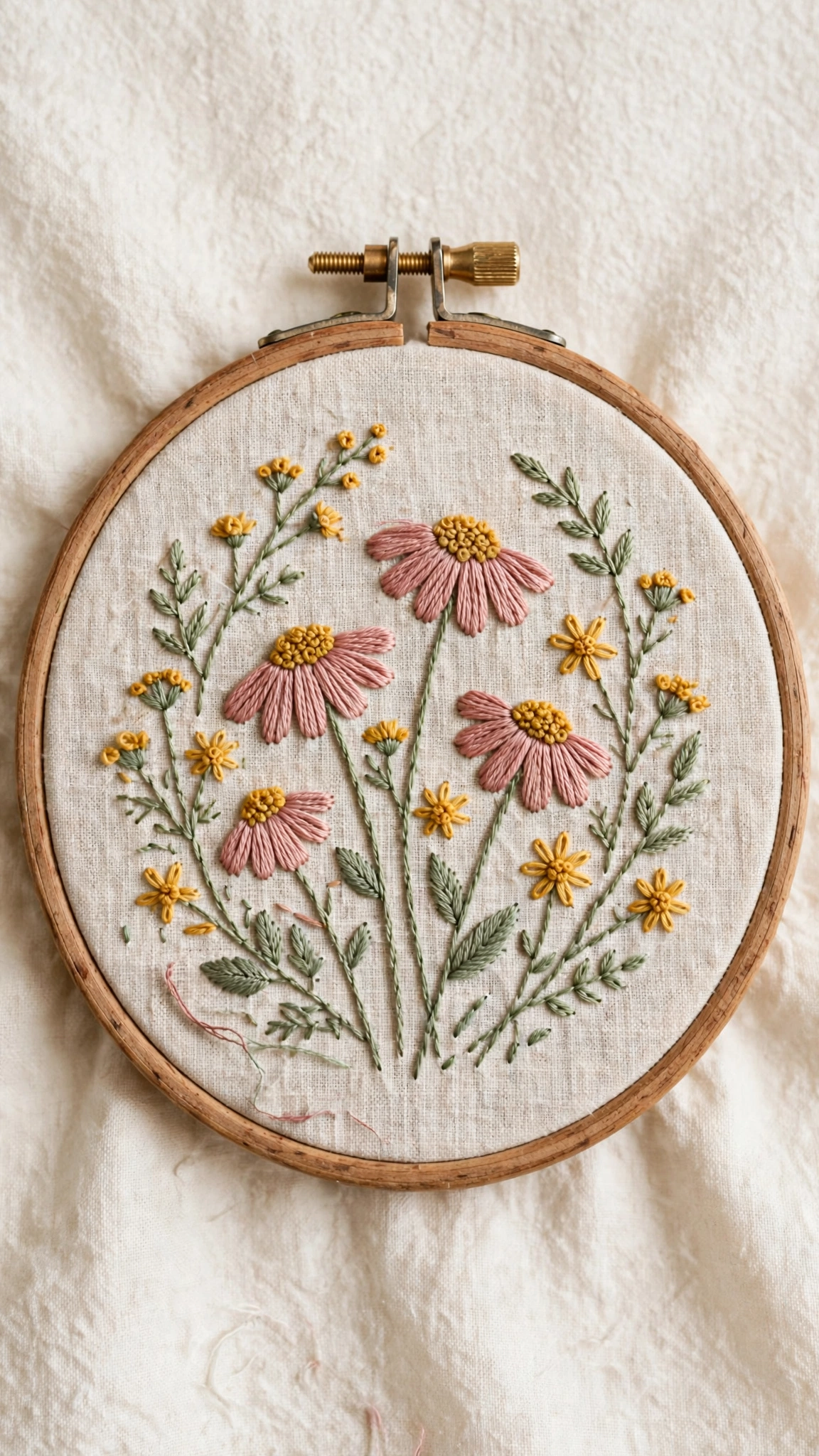 Hand embroidered wildflowers with lazy daisy petals and French knot centers in a wooden hoop