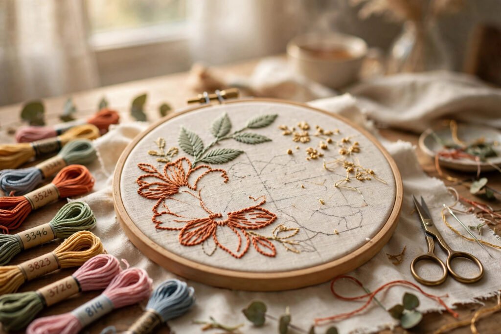 Hand embroidery hoop with floral design in terracotta and gold threads