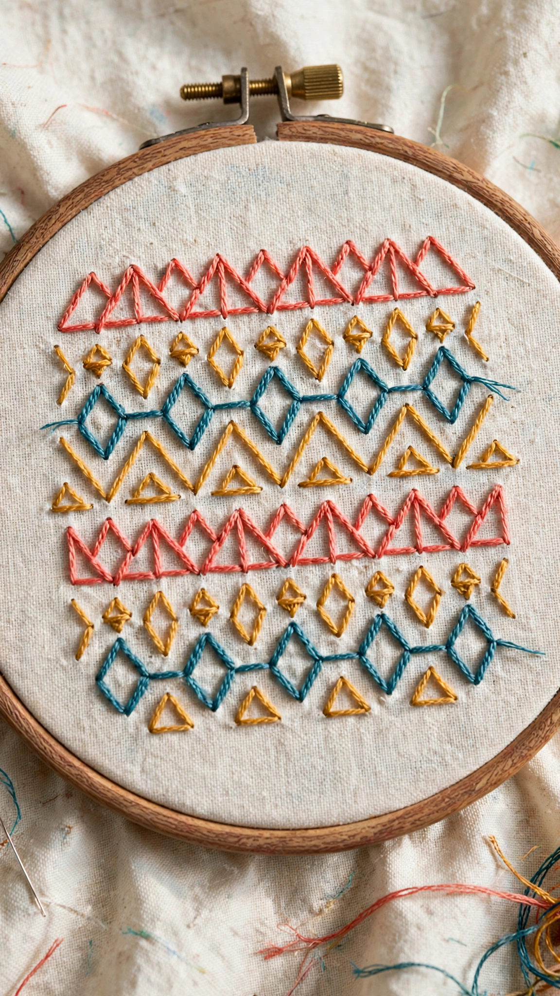 Modern geometric hand embroidery pattern with triangles and diamonds in coral, teal and mustard