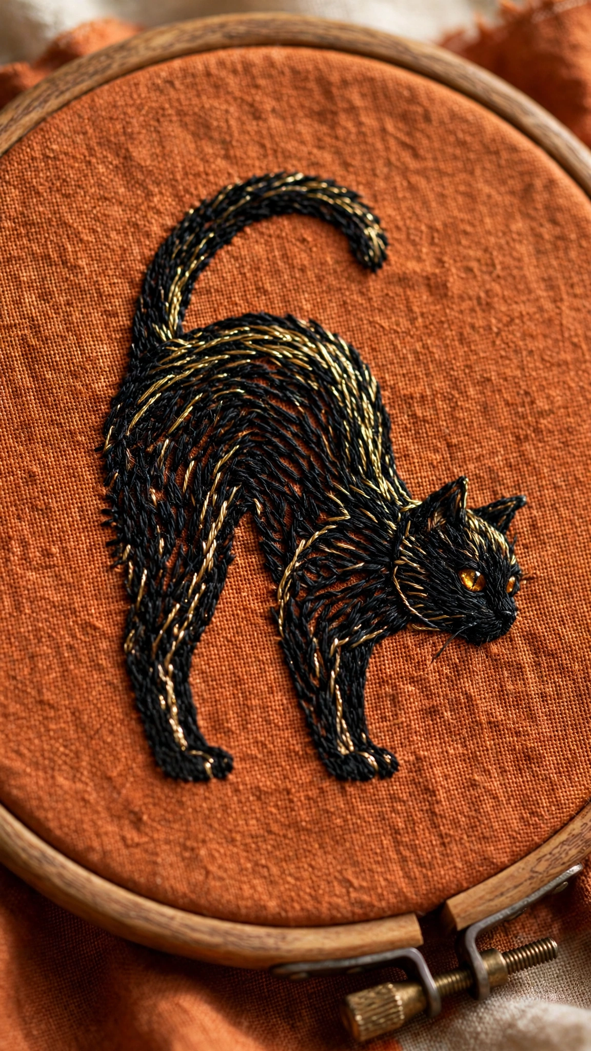 Photorealistic close-up of a black cat silhouette hand-embroidered in black thread on rust-orange linen