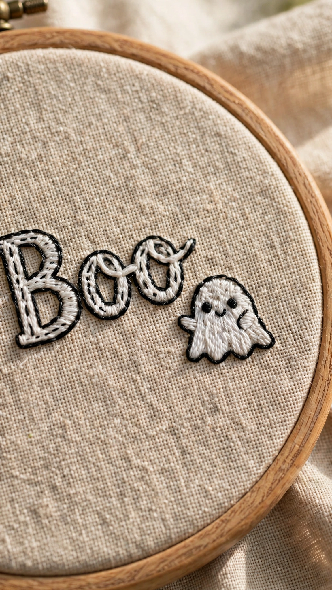 Photorealistic close-up of the stitched word Boo beside a small ghost hand-embroidered in black and white thread on natural linen