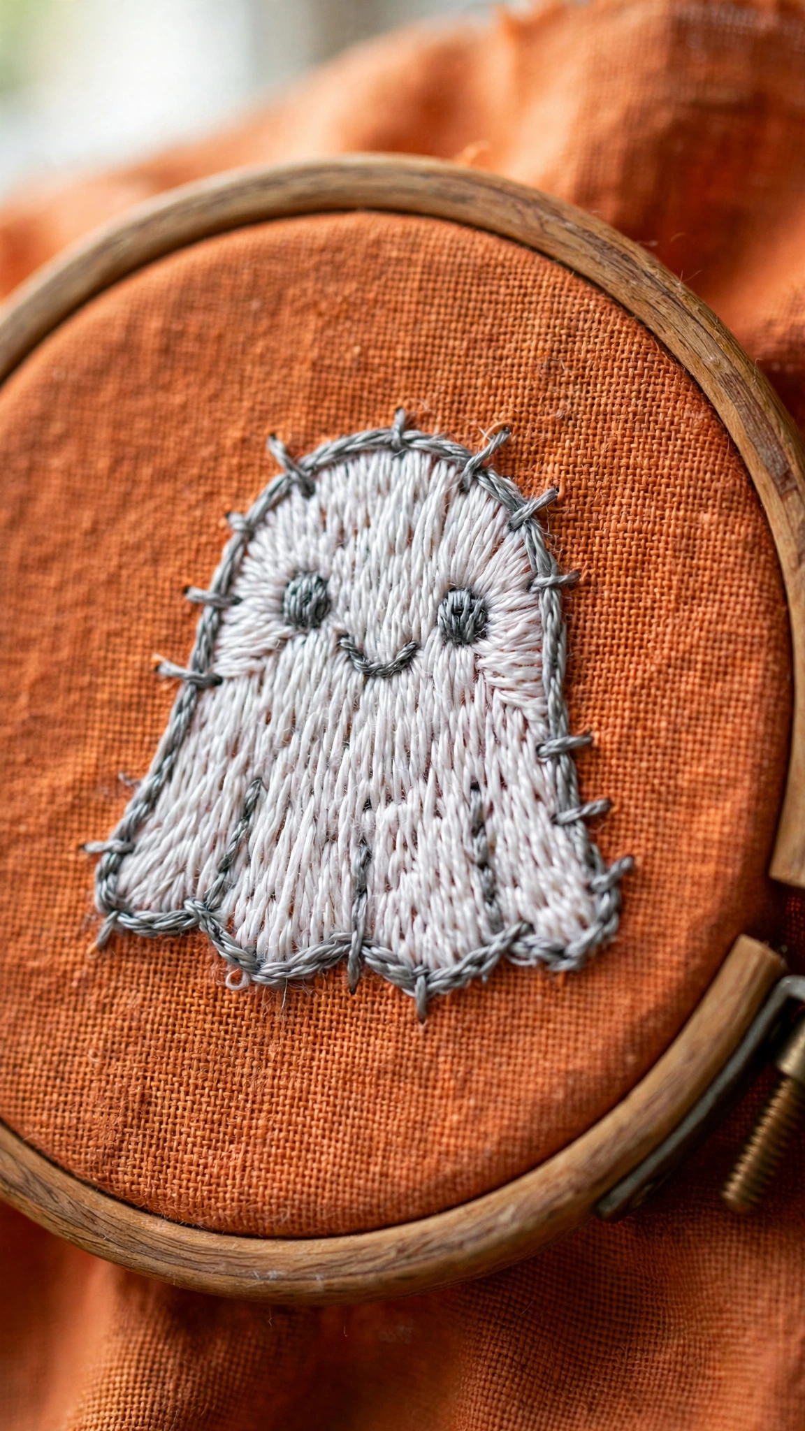 Photorealistic close-up of a smiling ghost hand-embroidered in white thread on orange linen
