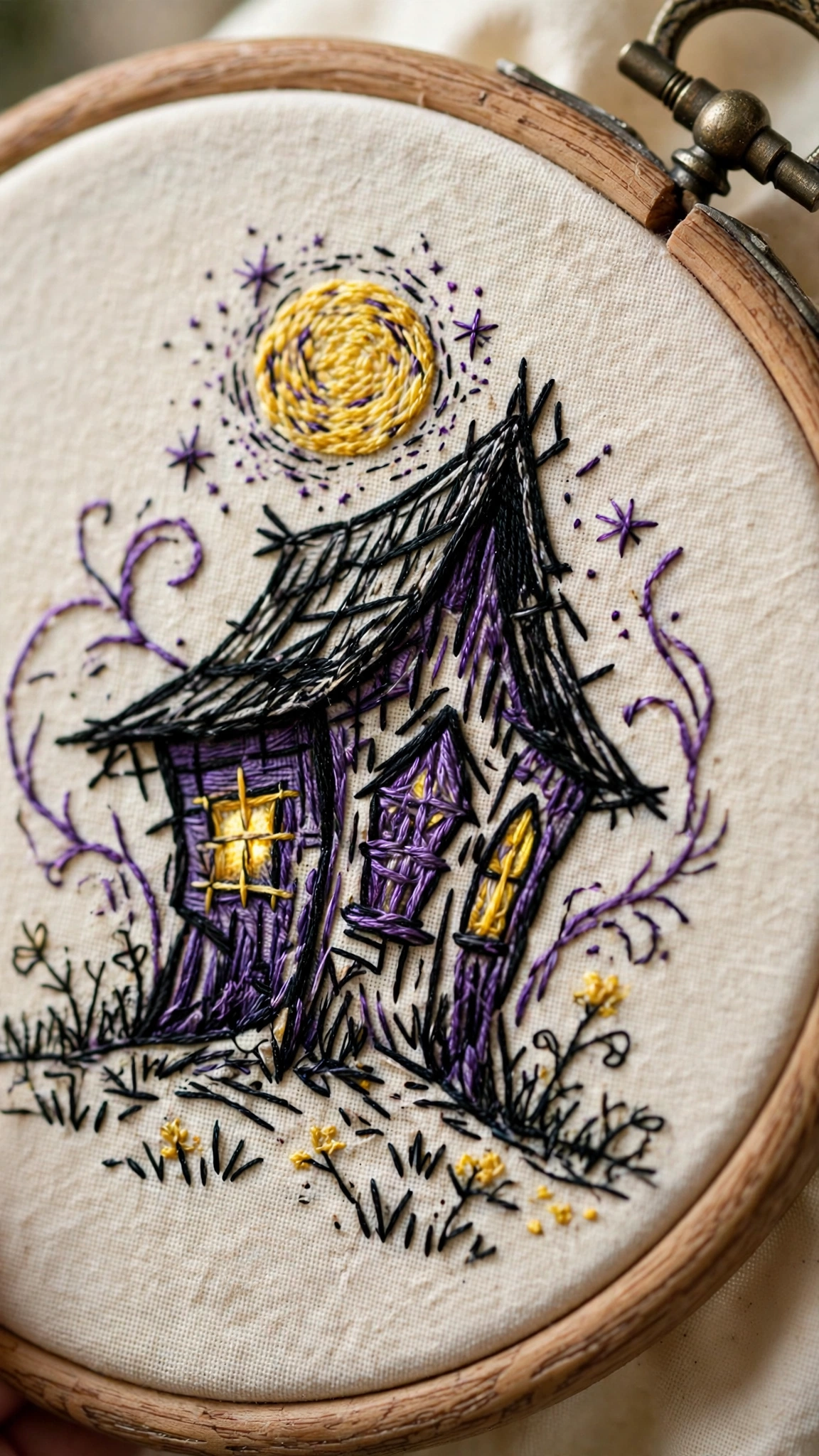 Photorealistic close-up of a haunted house hand-embroidered in purple and black thread on cream cotton