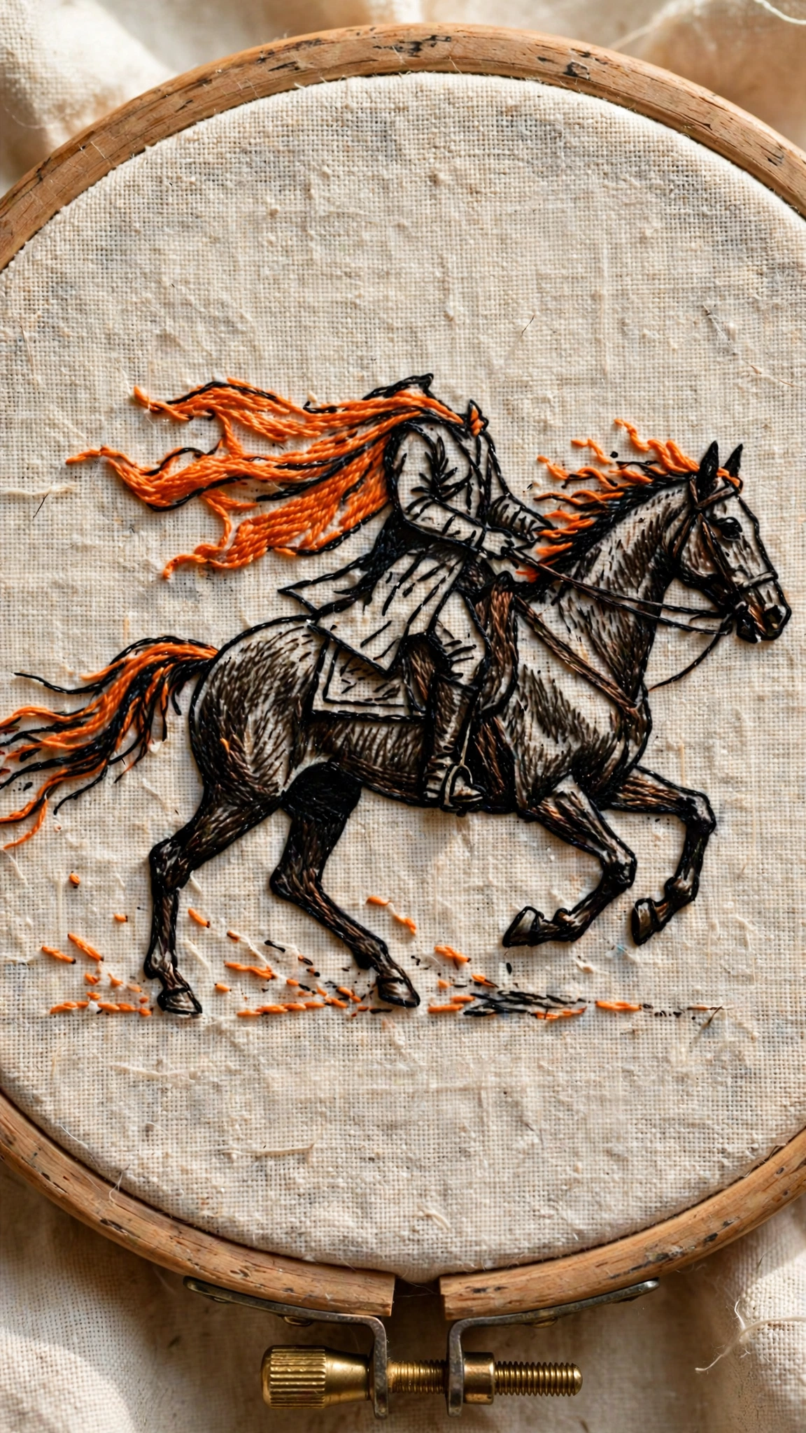 Photorealistic close-up of a headless horseman on horseback hand-embroidered in dark thread on cream linen