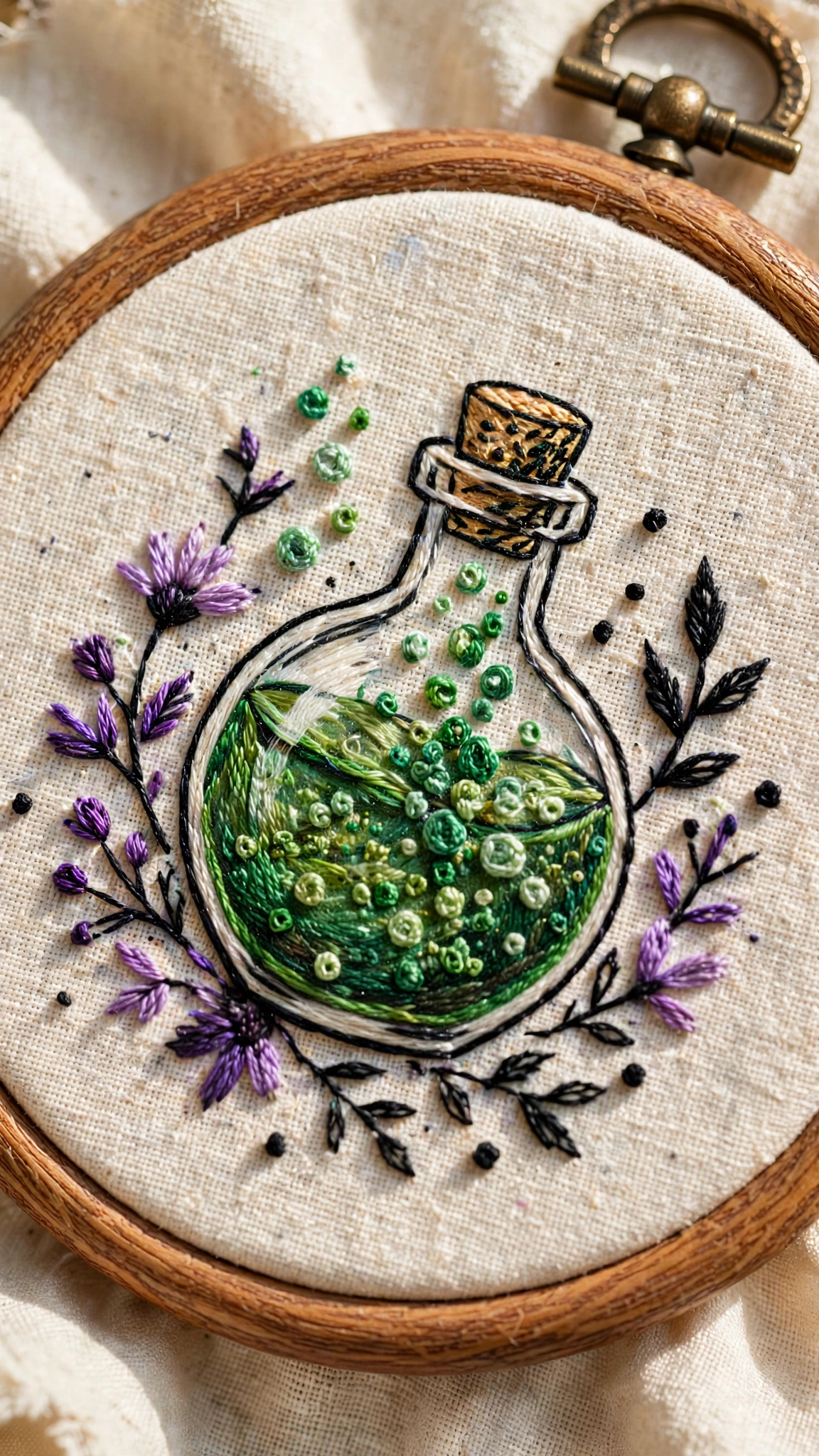 Photorealistic close-up of a potion bottle hand-embroidered in green and purple thread on cream linen