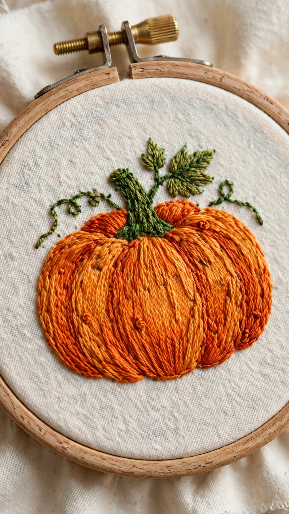 Photorealistic close-up of a plump pumpkin hand-embroidered in orange thread on cream cotton