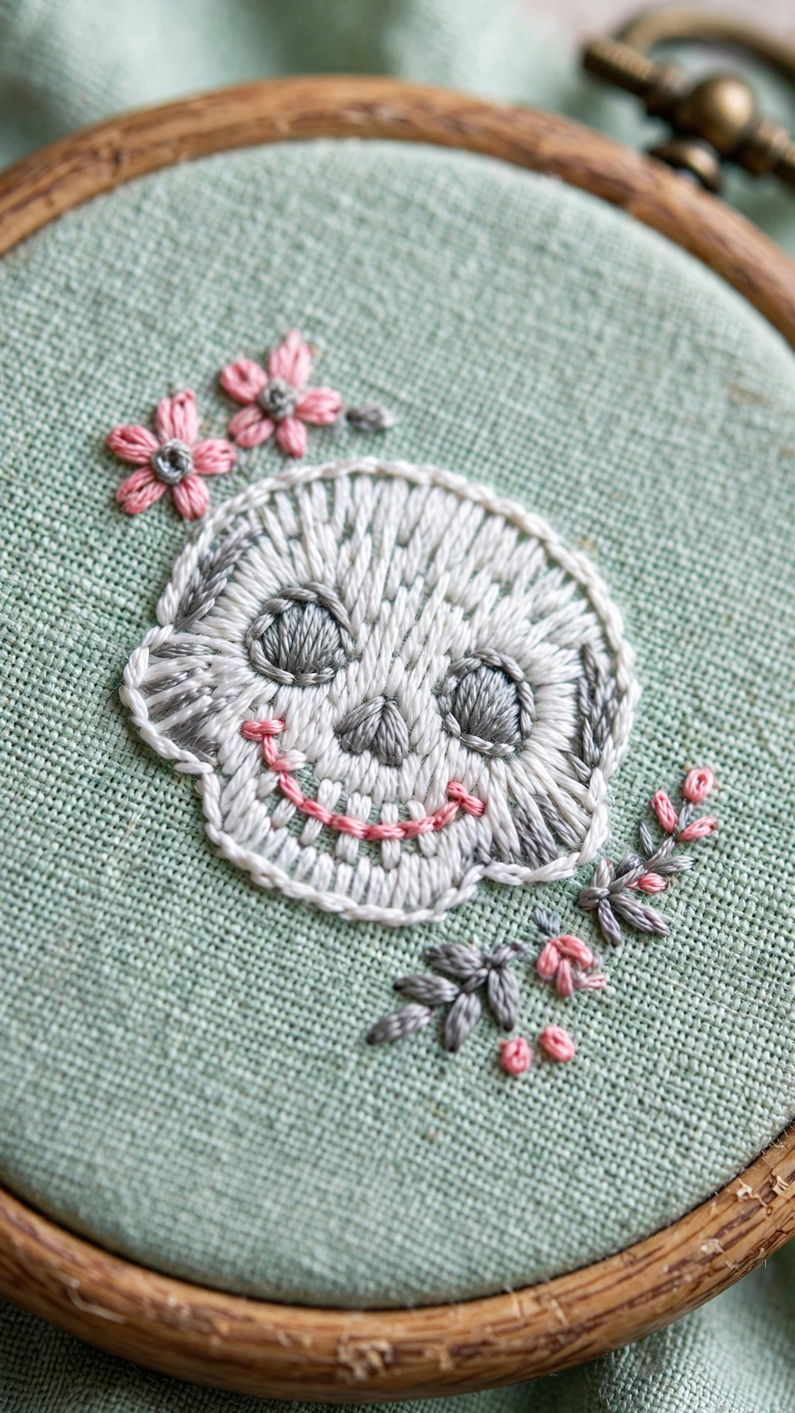 Photorealistic close-up of a cute skull hand-embroidered in white and pink thread on mint-green linen