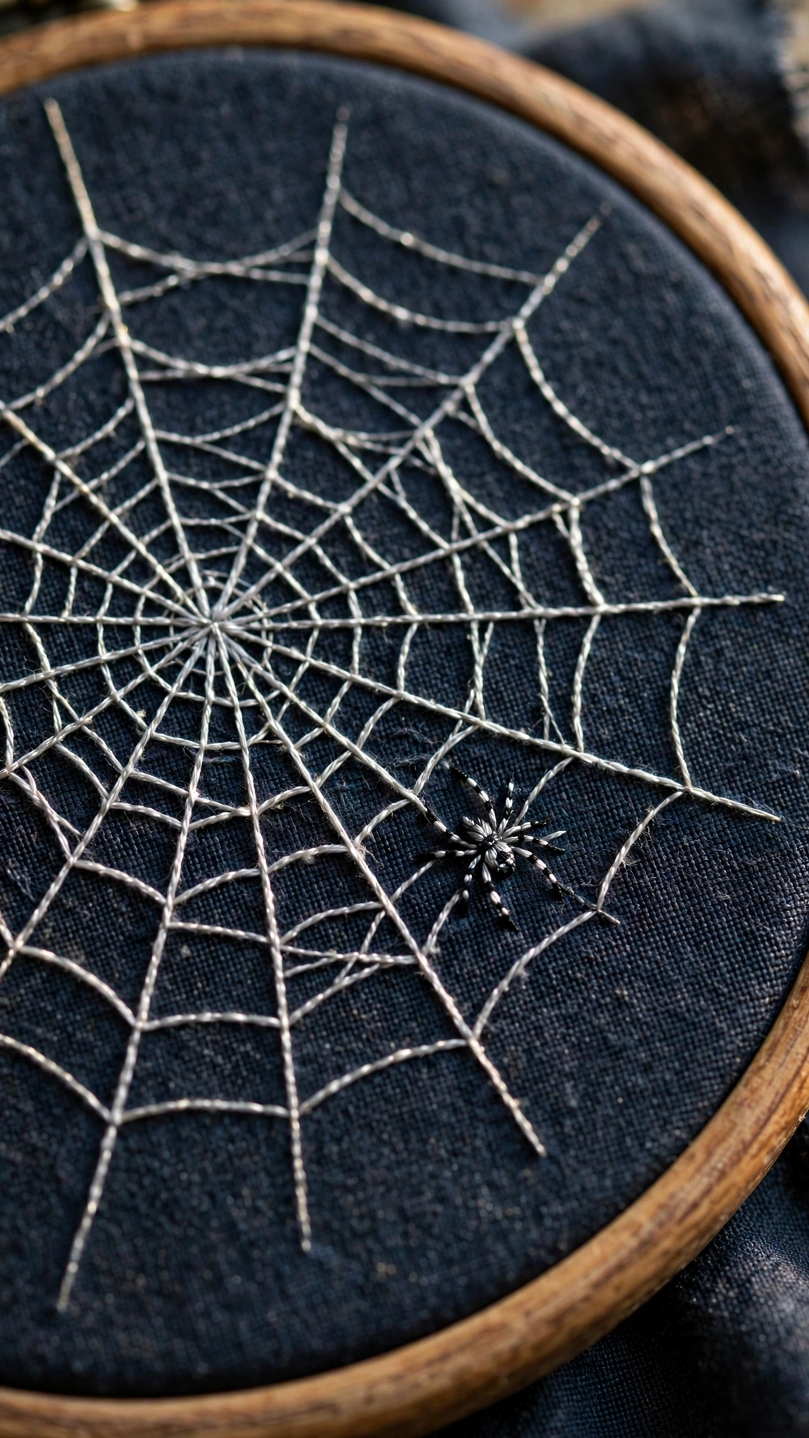 Photorealistic close-up of a spiderweb hand-embroidered in silver-grey thread on dark navy linen