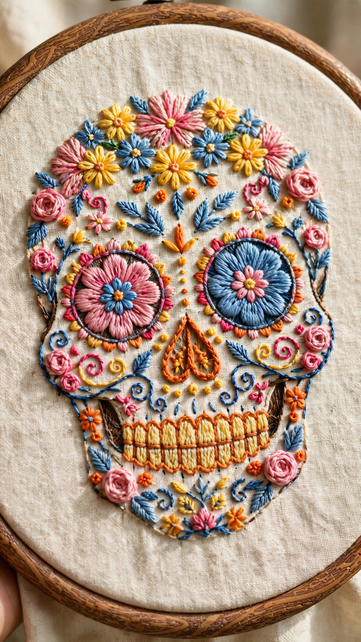 Photorealistic close-up of a Day of the Dead sugar skull hand-embroidered in colorful thread on cream linen