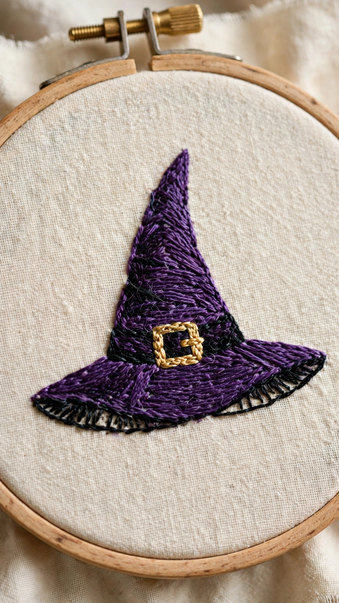 Photorealistic close-up of a witch hat hand-embroidered in purple thread on cream linen