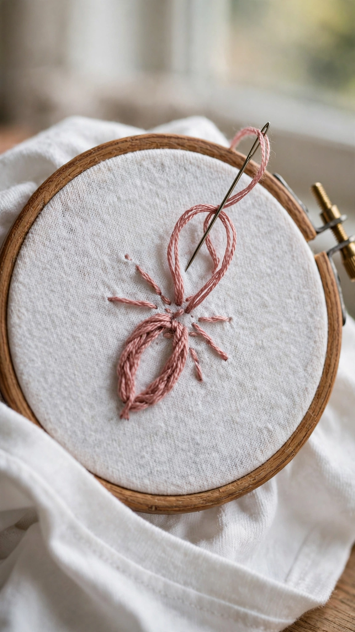 Close-up of a needle stitching a lazy daisy petal in dusty rose floss on a white t-shirt in a hoop