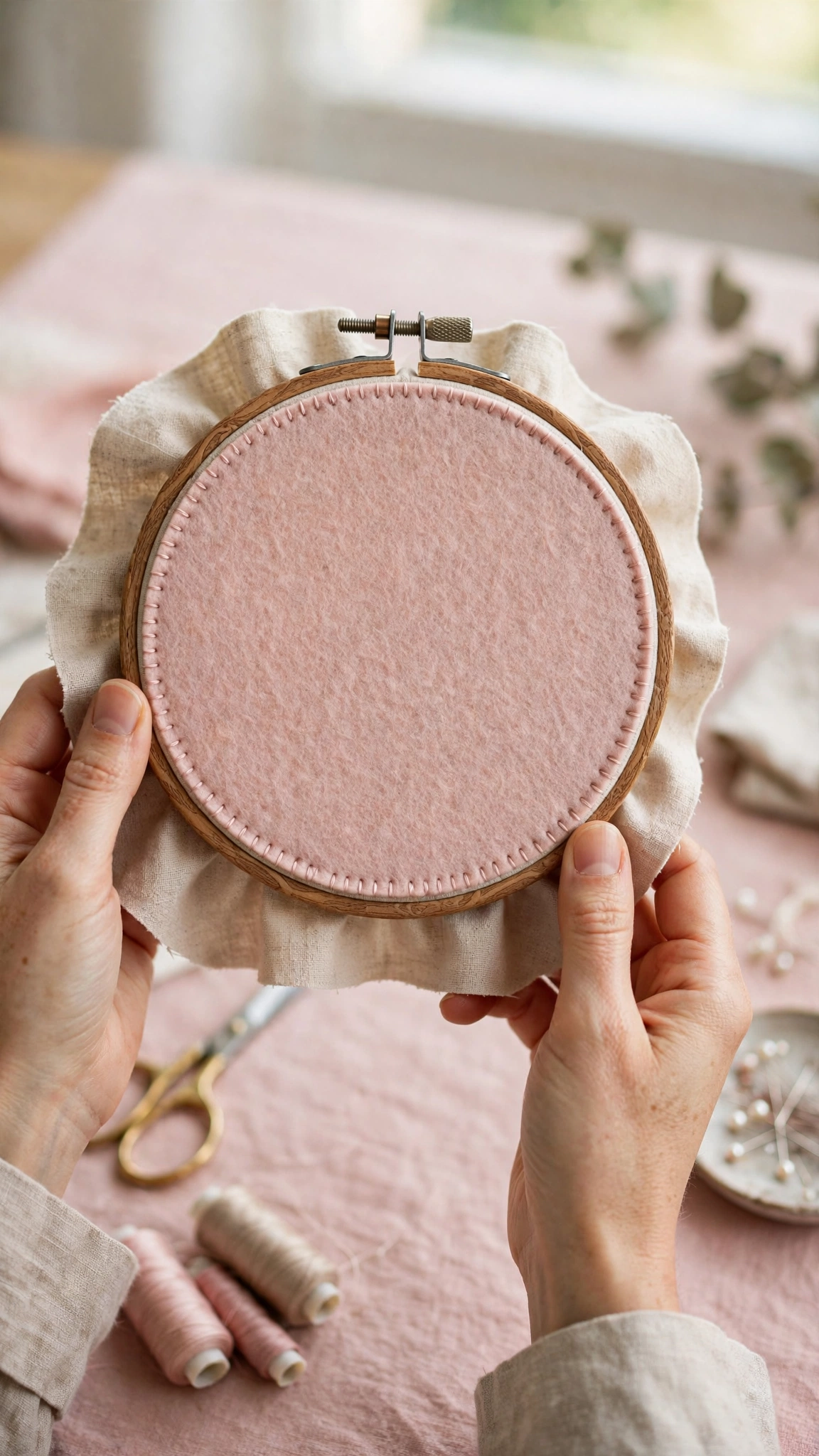 The back of a finished embroidery hoop showing a neat felt backing circle covering the gathered fabric