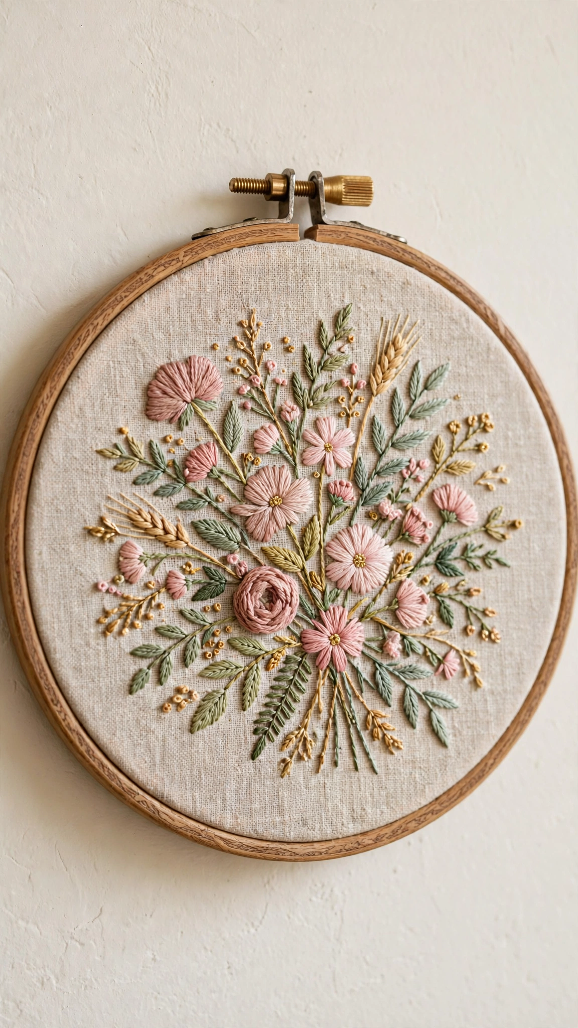 Finished embroidered hoop art with a wildflower bouquet stitched in dusty rose, blush pink and sage green floss on linen in a wooden hoop