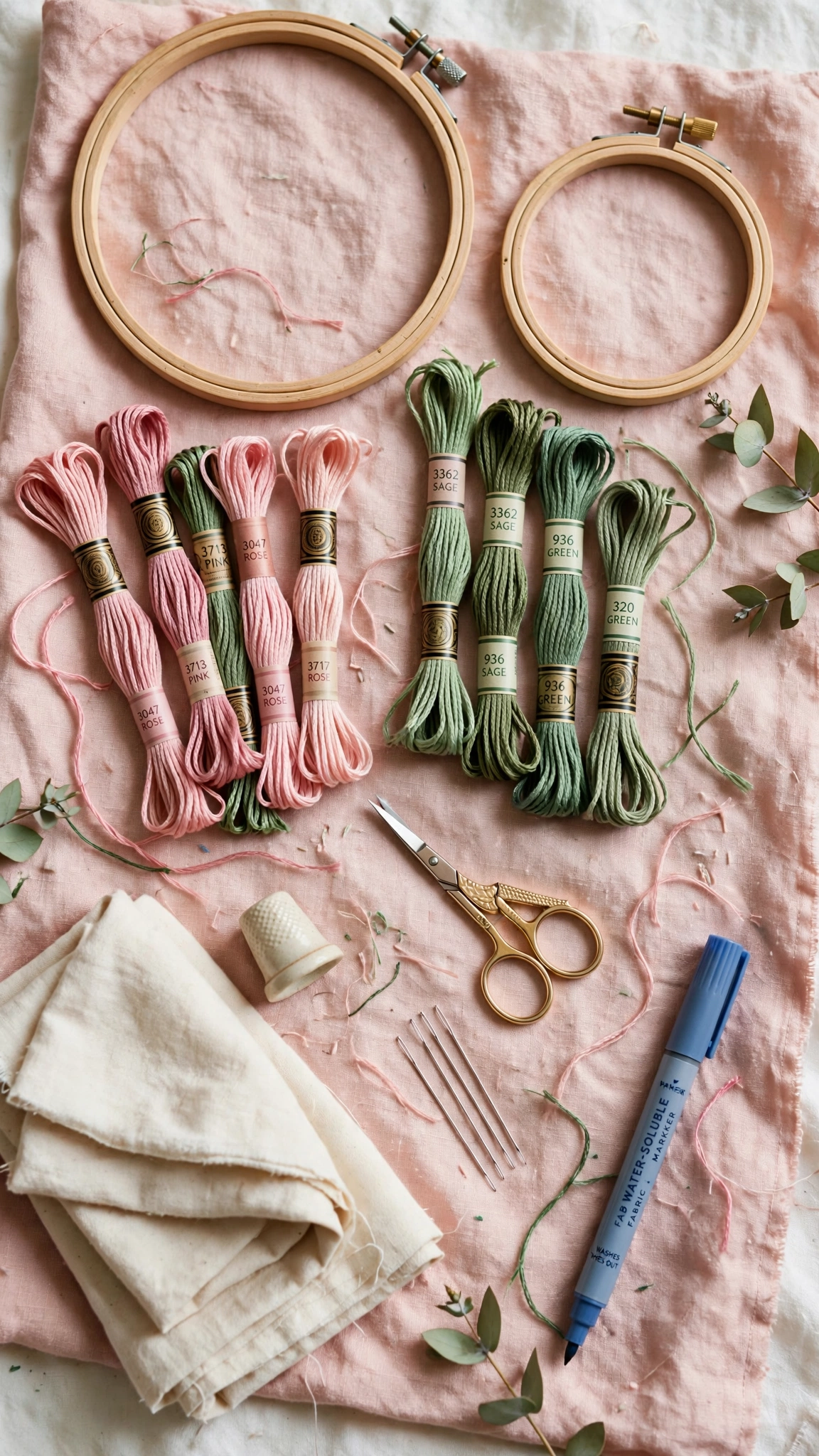 Flat lay of embroidery supplies for hoop art: wooden hoops, colorful floss skeins, needles, scissors, cotton fabric and a fabric marker on blush pink linen