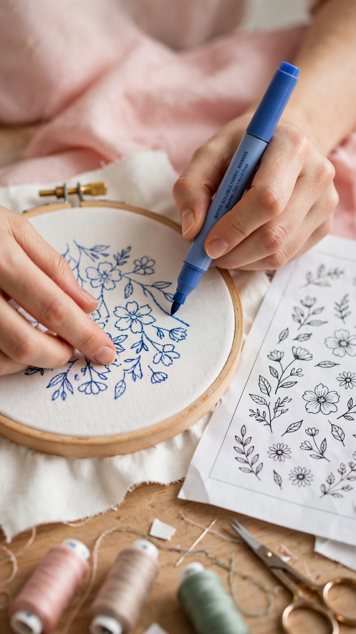 Hands tracing a floral embroidery pattern onto white cotton fabric in a wooden hoop with a blue water-soluble fabric marker
