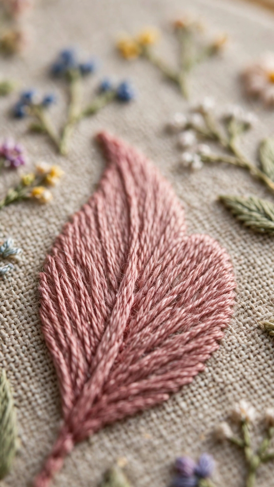 Macro close-up of a flower petal filled with smooth satin stitch in dusty rose embroidery floss on natural linen
