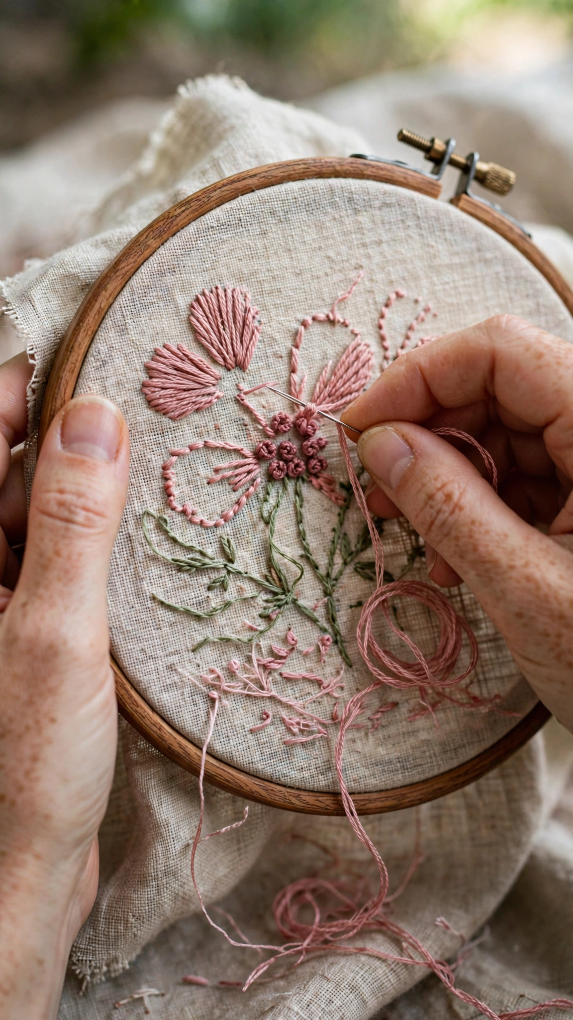 Hands mid-stitch embroidering a wildflower design in a wooden hoop, with dusty rose floss and half-completed petals