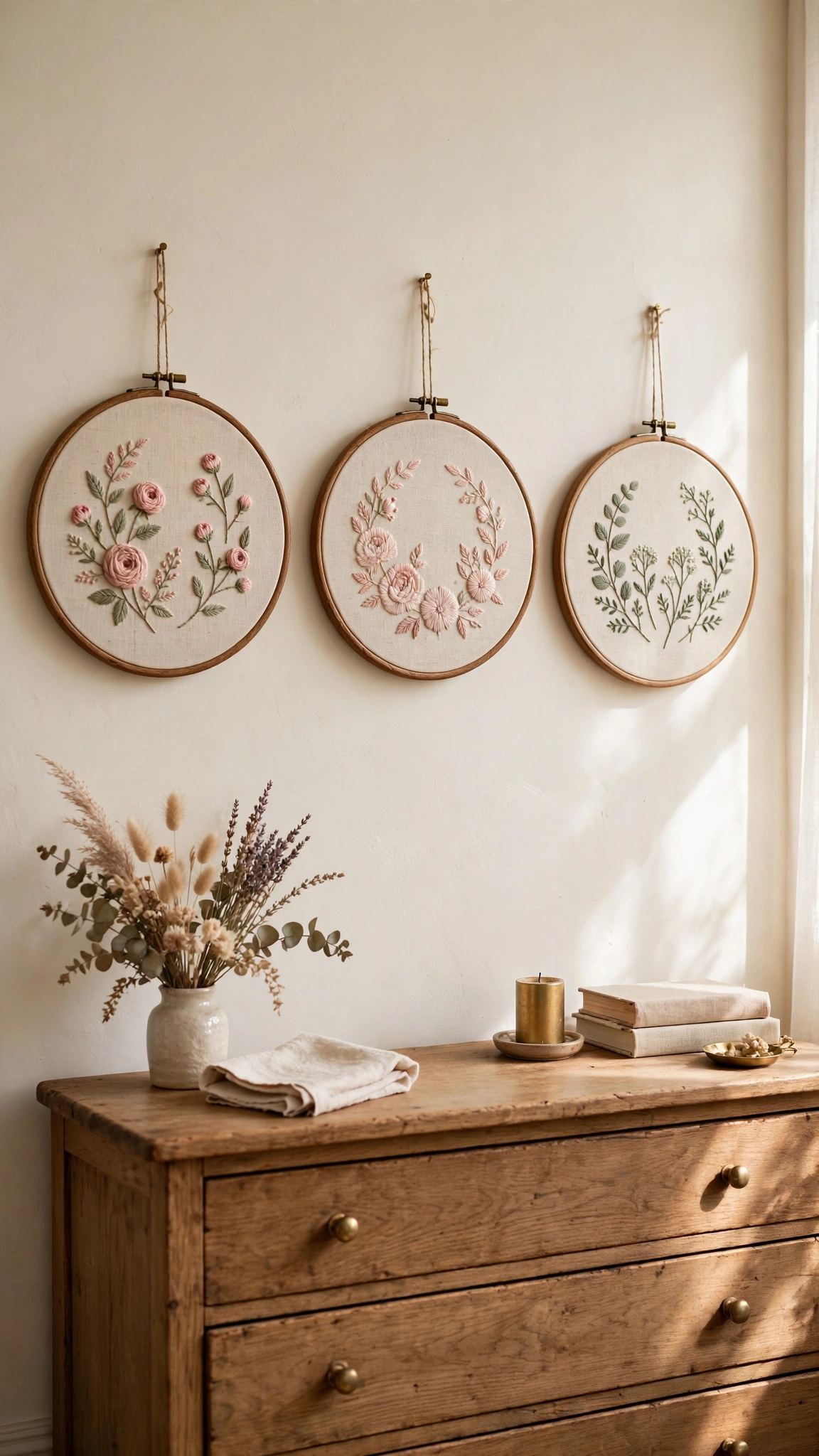 Gallery wall with three wooden embroidery hoops displaying floral hand embroidery in dusty rose and sage green, hung above a wooden dresser