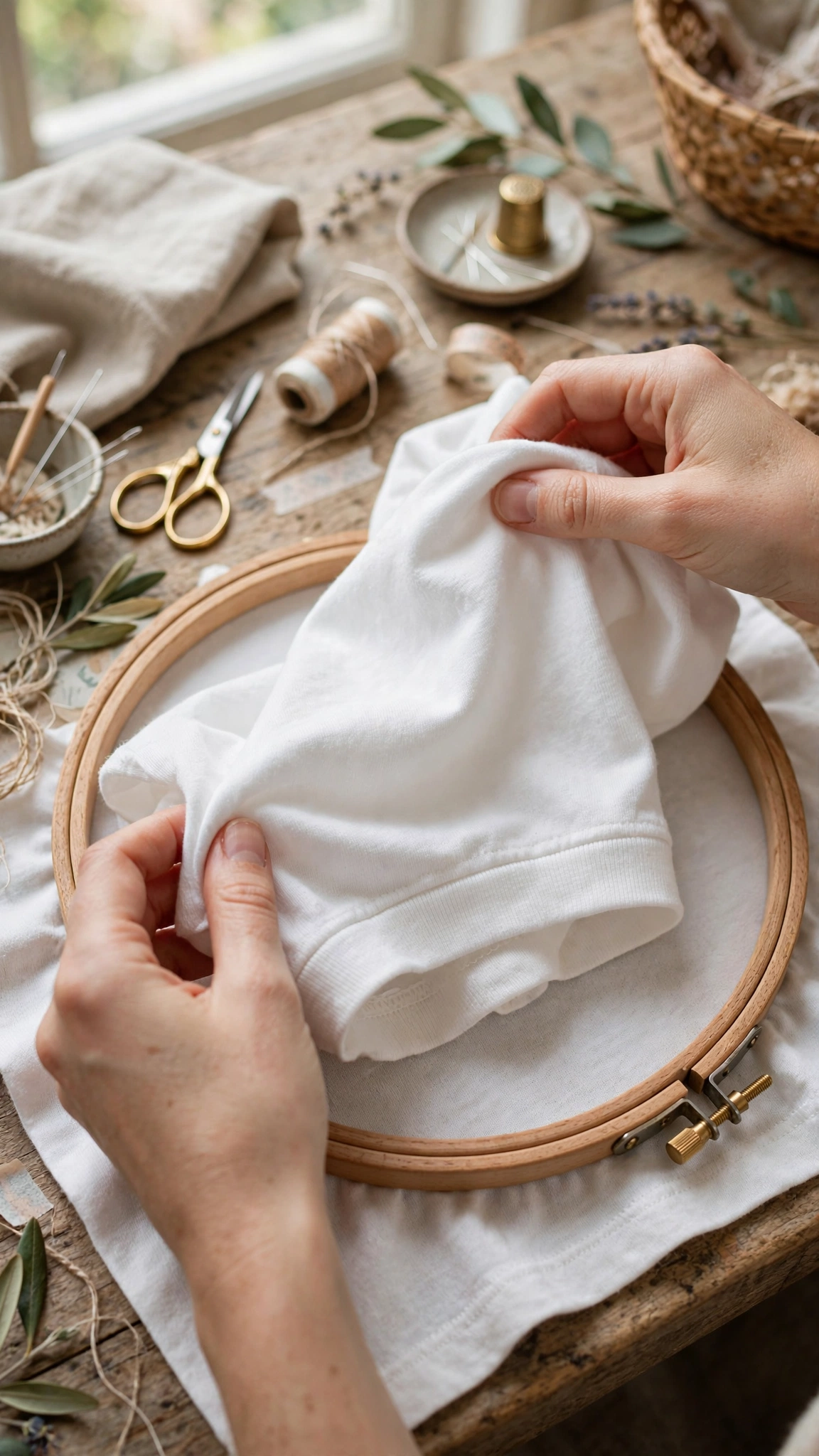 Hands gently placing a white cotton t-shirt into a wooden embroidery hoop without stretching the knit