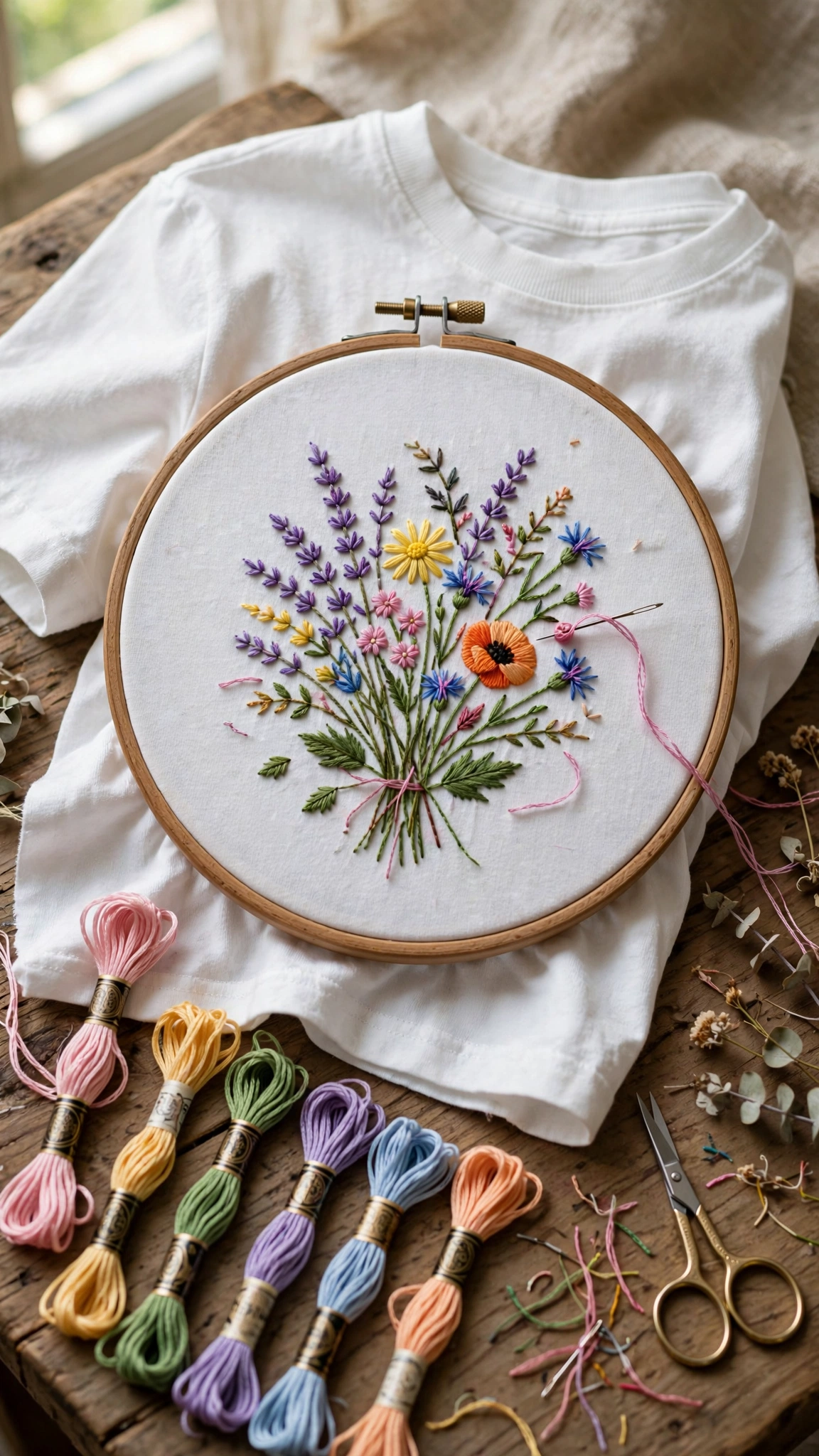 White cotton t-shirt in a wooden embroidery hoop with a colorful hand embroidered wildflower bouquet