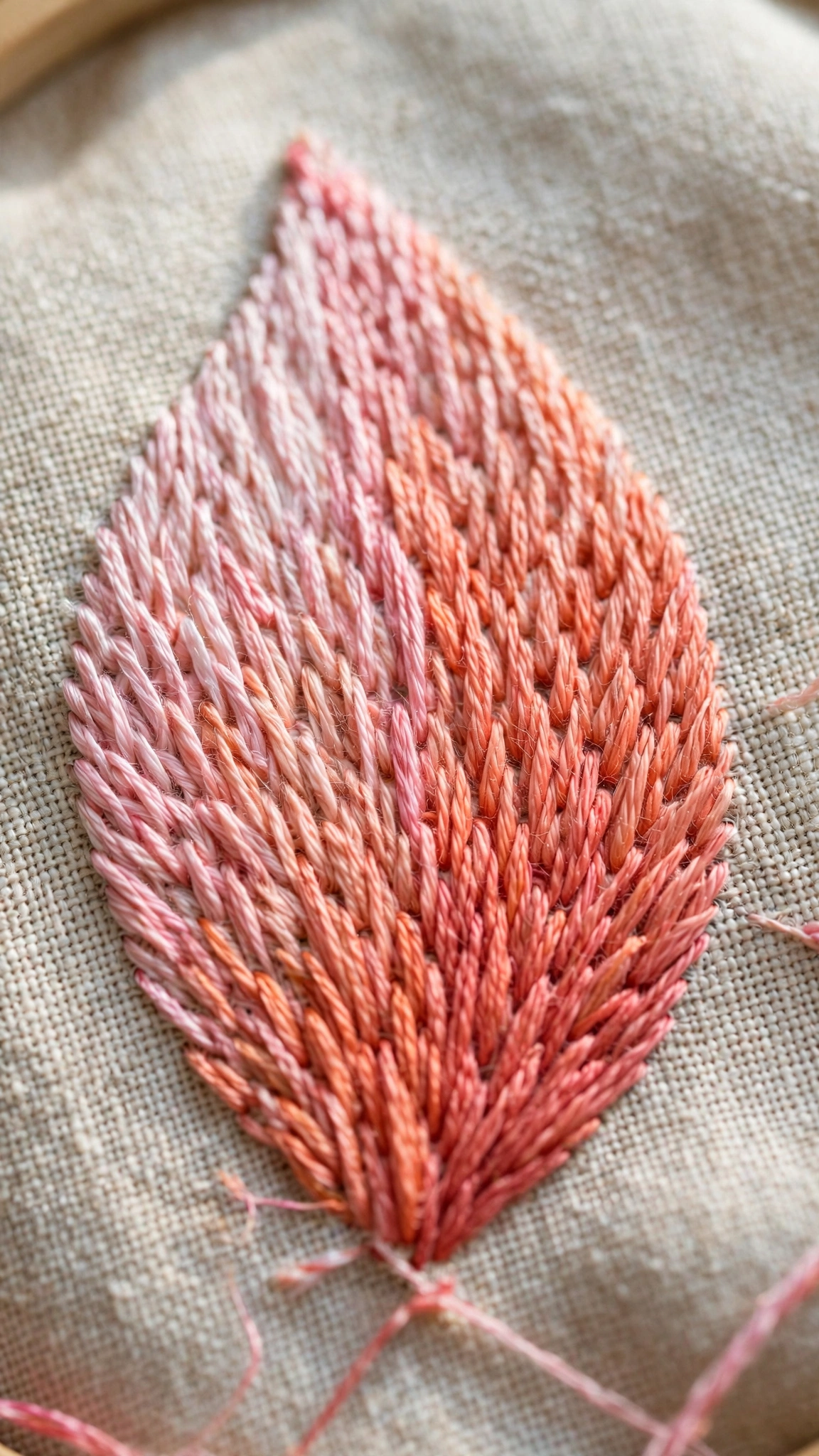 Long and short stitch embroidery shading a flower petal in pink and coral thread