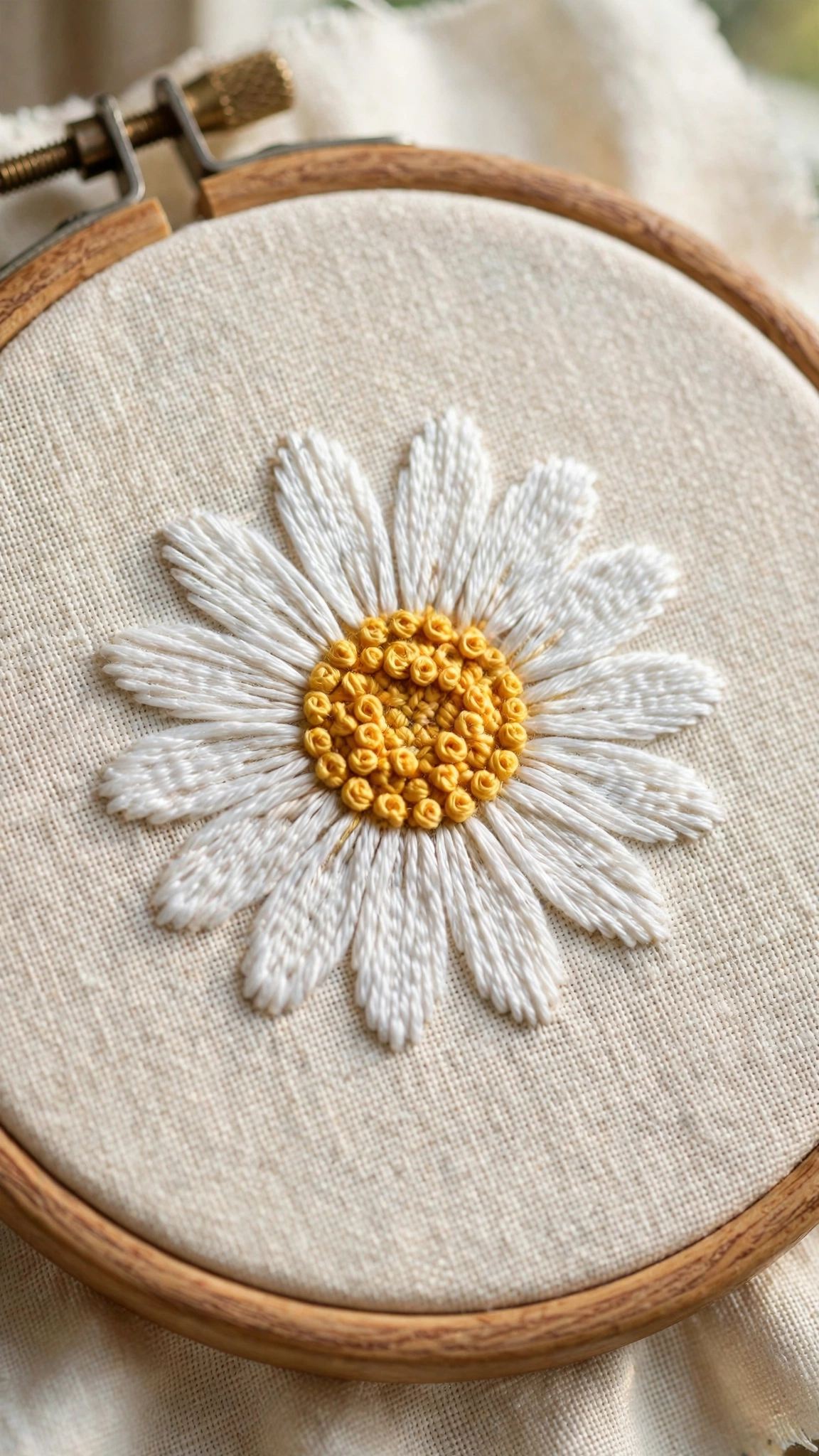 Cheerful white daisy with a golden yellow center hand-embroidered on cream linen in a wooden hoop