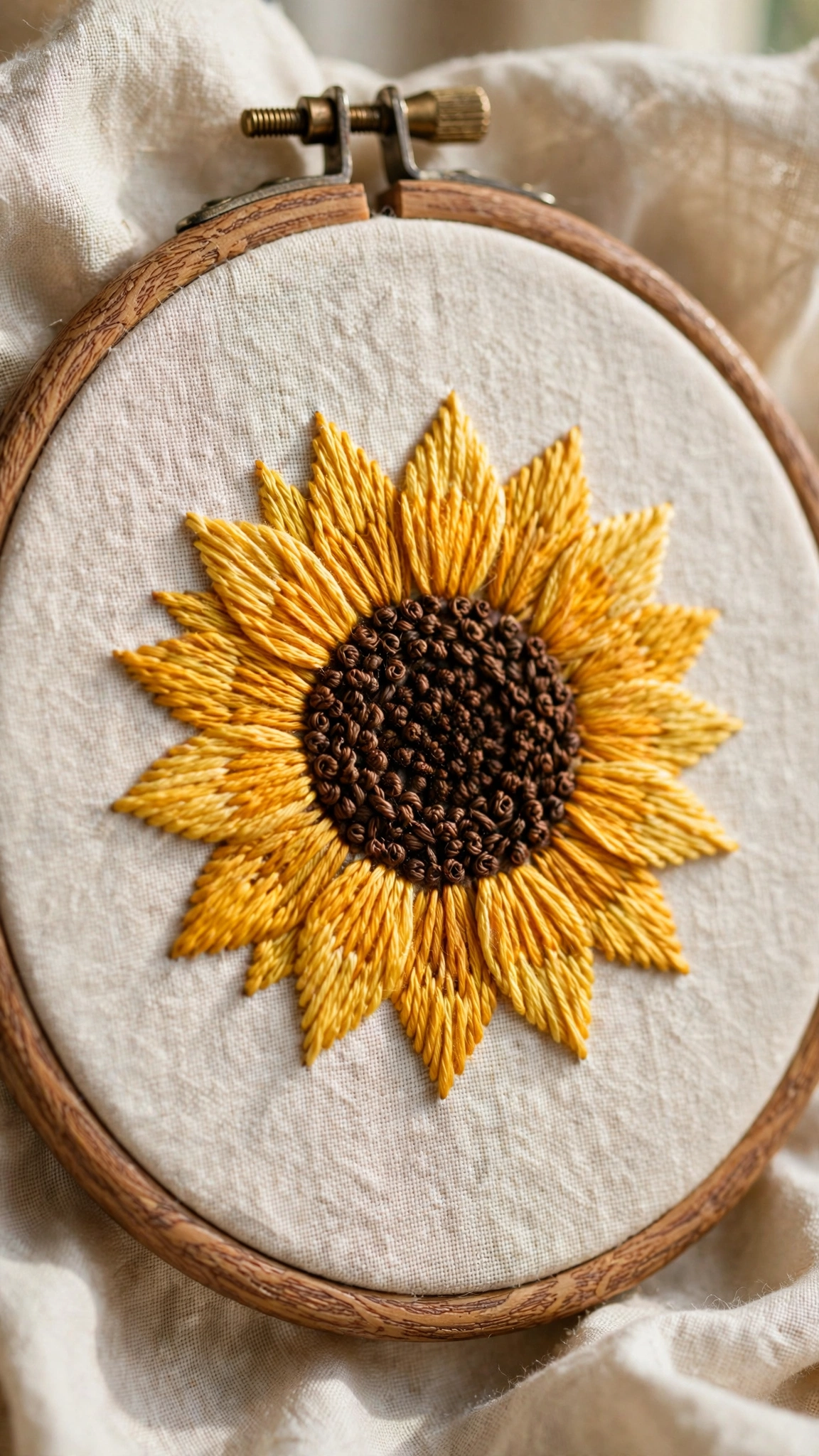 Cheerful sunflower with golden petals and dark brown center hand-embroidered on cream linen in a wooden hoop