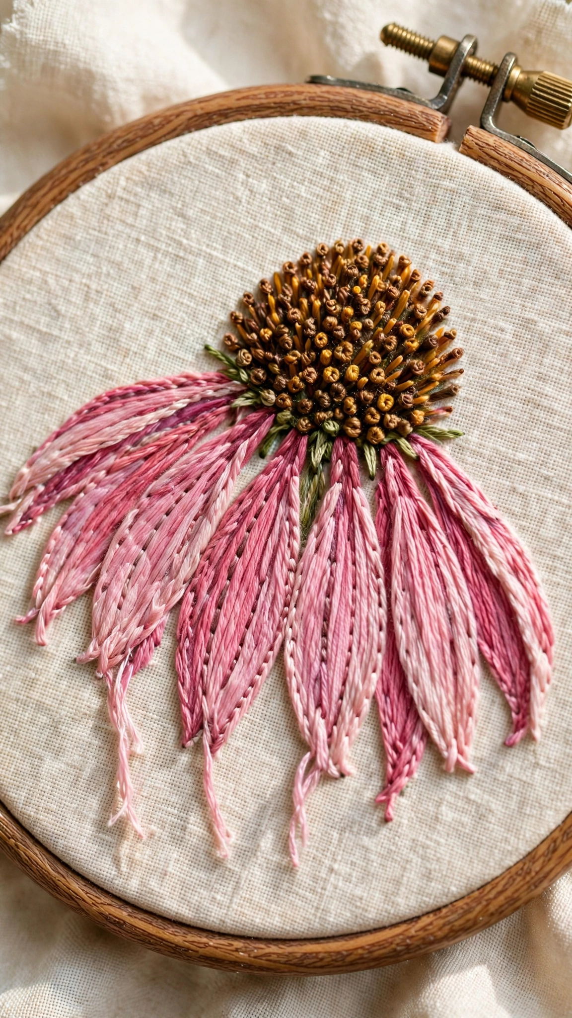 Pink coneflower with drooping petals hand-embroidered on cream linen in a wooden hoop