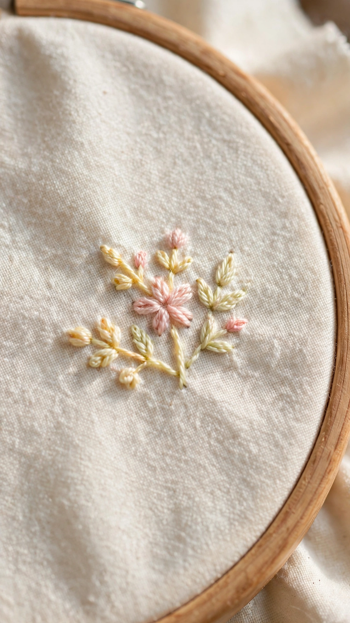 Tiny ditsy floral sprig hand-embroidered in pastel yellow and blush pink on cream cotton in a wooden hoop