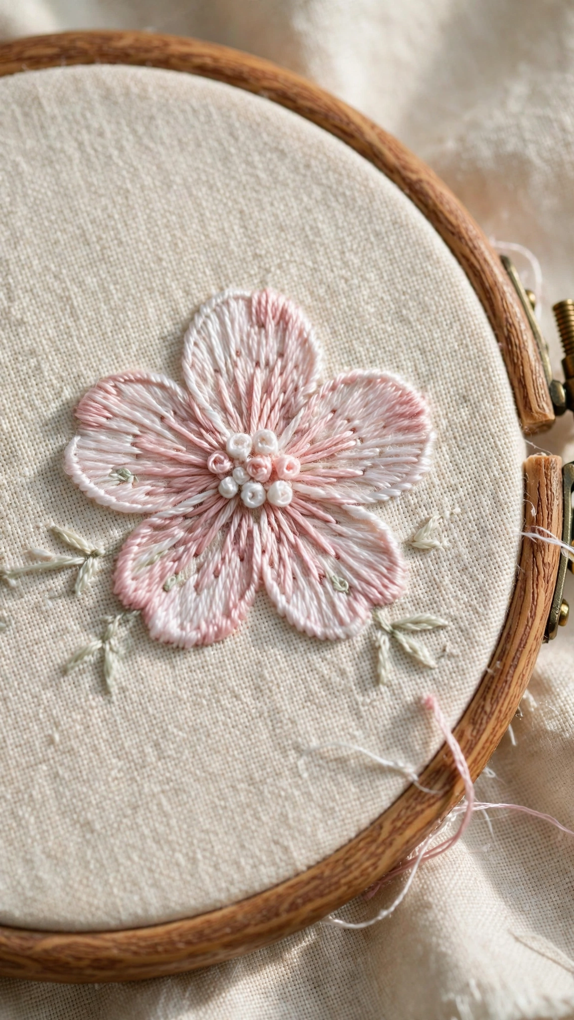 Hand-embroidered classic five-petal blossom in soft pink and white thread on cream linen in a wooden hoop