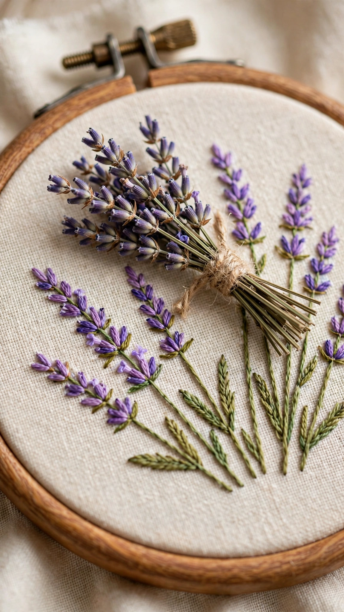 Small tied bundle of lavender sprigs hand-embroidered in purple and green thread on cream linen in a wooden hoop