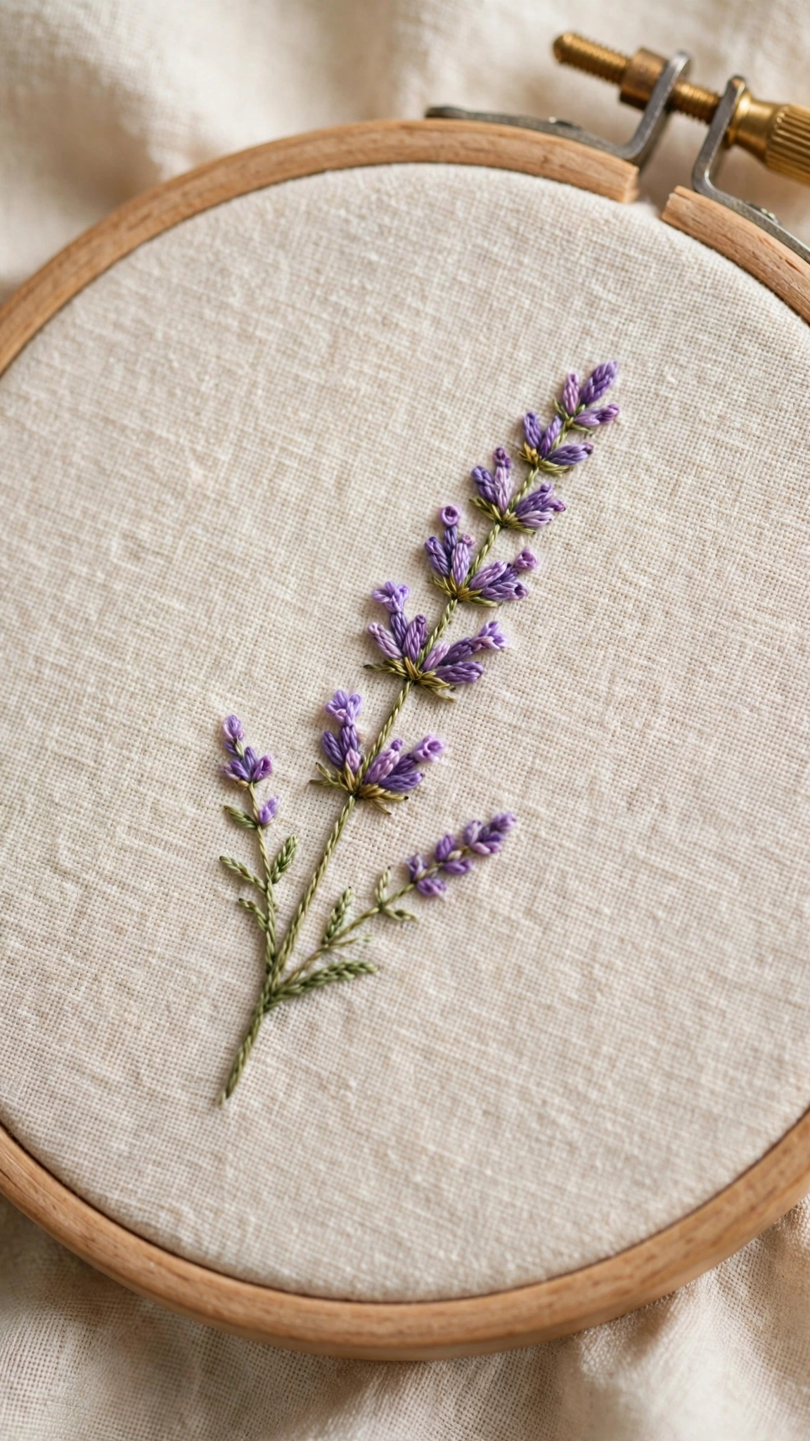 Delicate lavender sprig with purple buds hand-embroidered on cream linen in a wooden hoop
