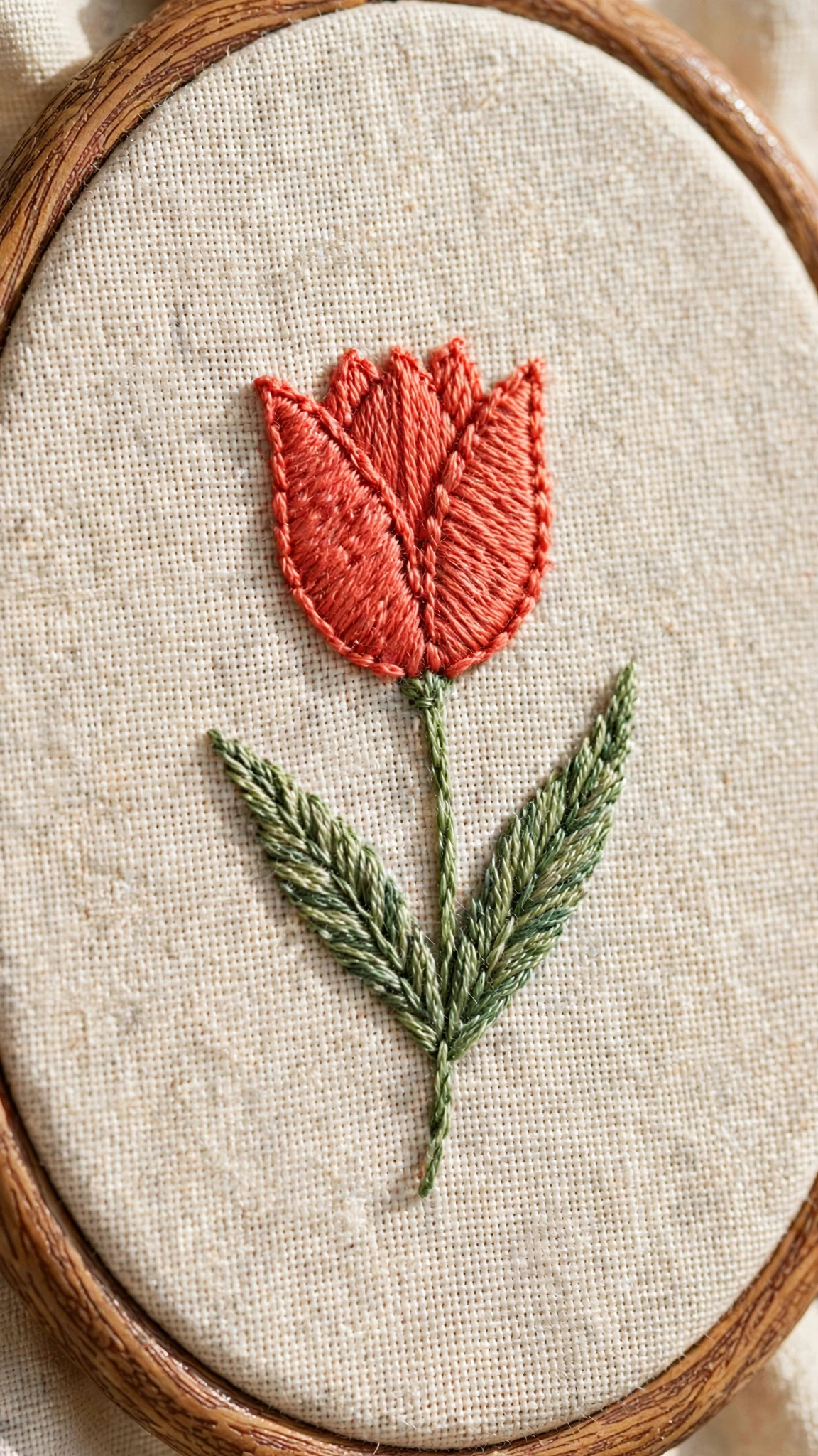 Single simple tulip hand-embroidered in coral red with green leaves on cream linen in a wooden hoop