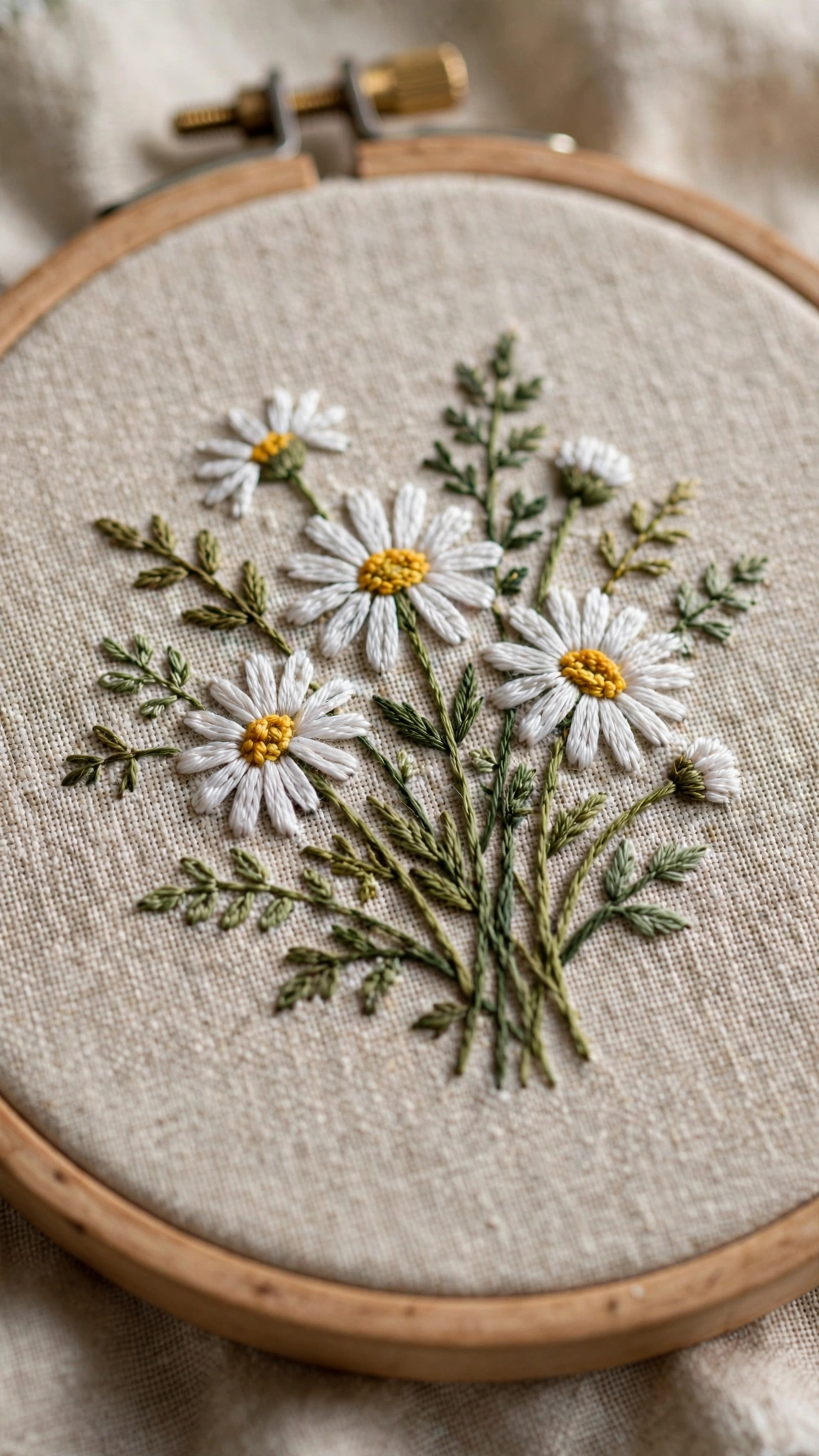 Wild daisy bouquet with white petals and green stems hand-embroidered on natural linen in a wooden hoop