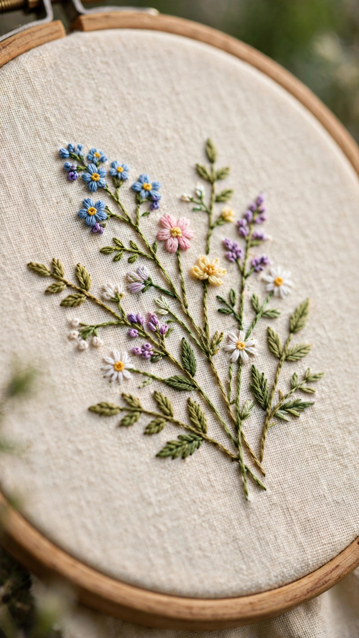 Wildflower meadow sprig with assorted tiny blossoms hand-embroidered in multicolor thread on cream linen in a wooden hoop