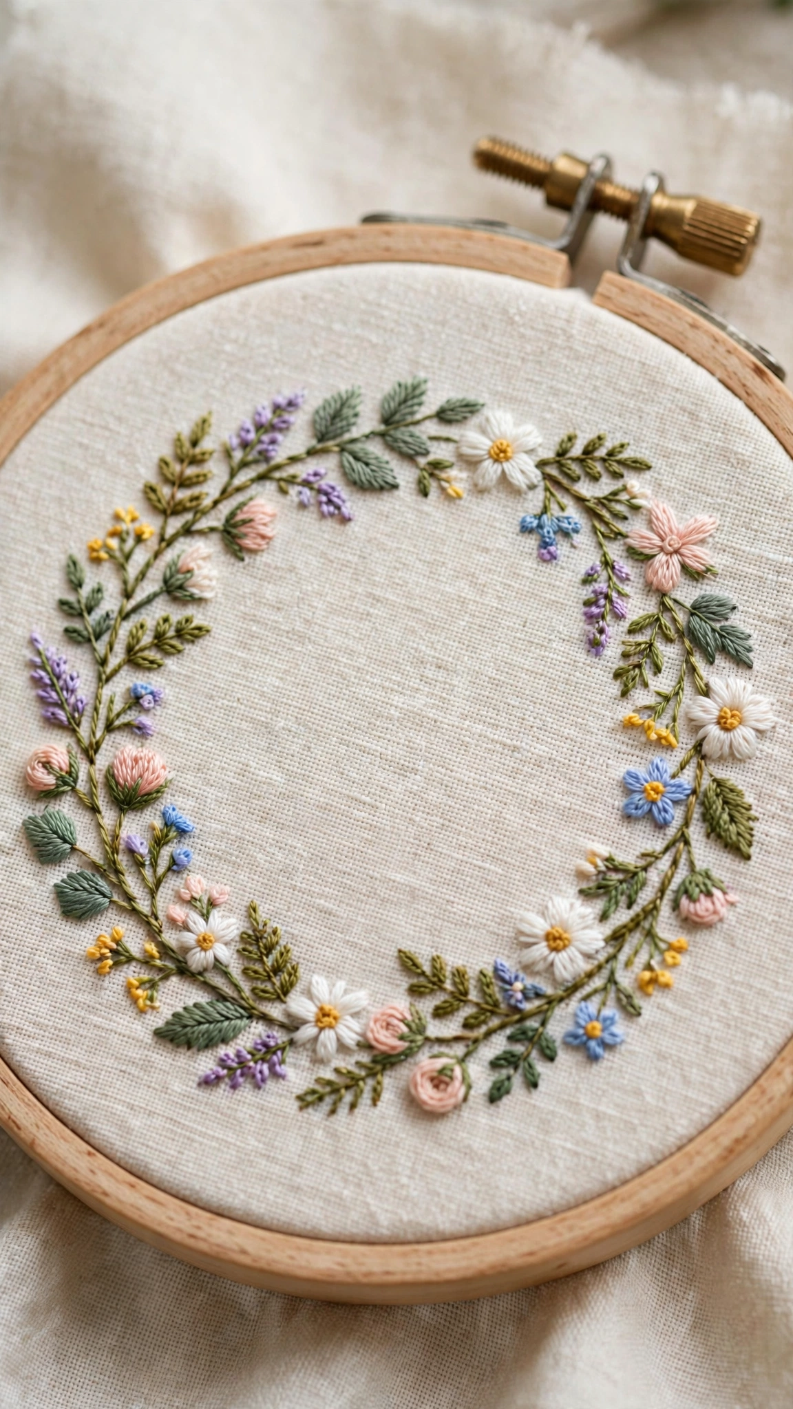 Circular floral wreath sampler with assorted small flowers and leaves hand-embroidered on cream linen in a wooden hoop