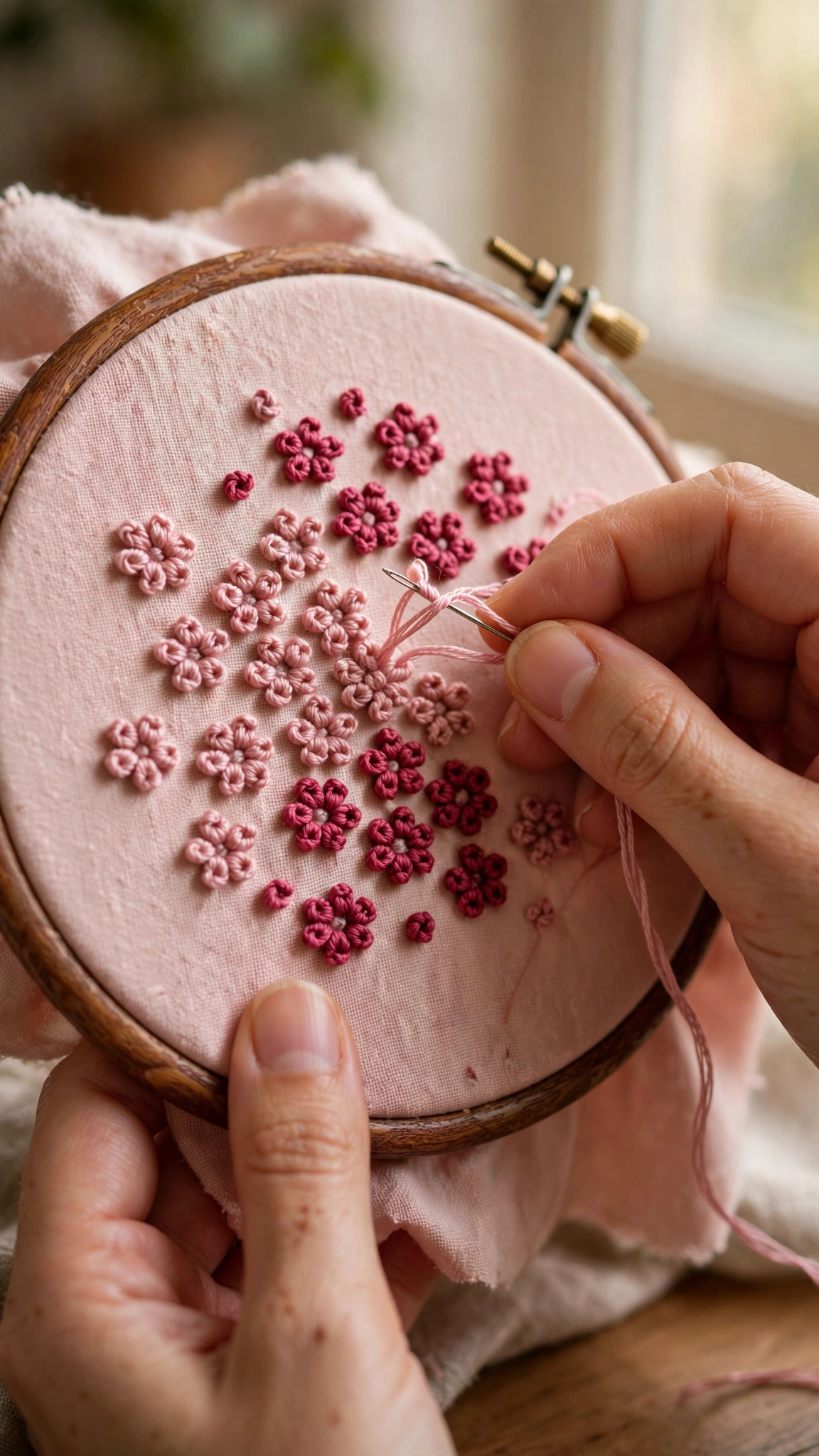 Hands stitching French knots on blush pink fabric in a wooden embroidery hoop