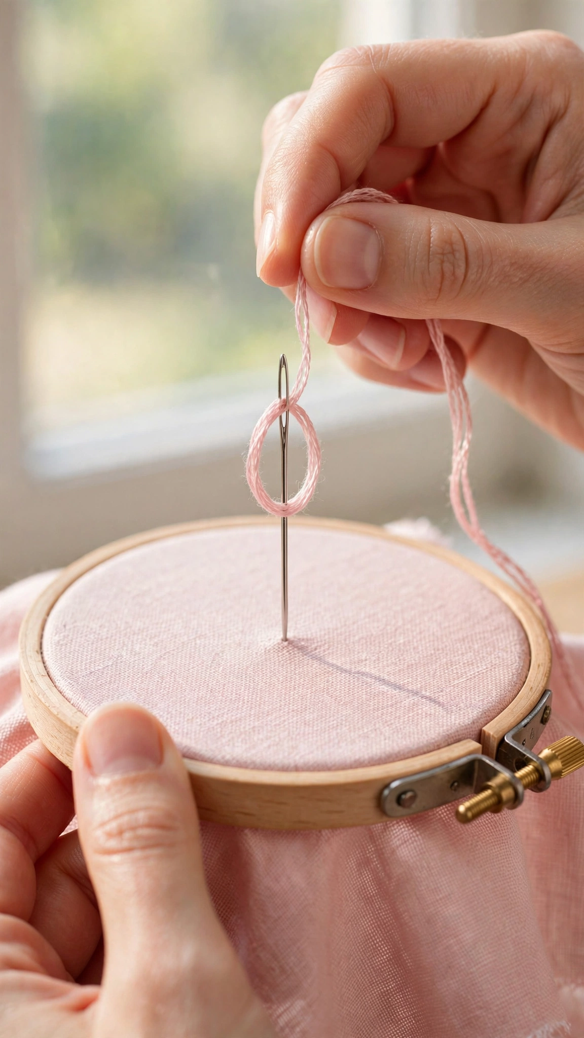 Wrapping embroidery floss around the needle shaft once for a small French knot