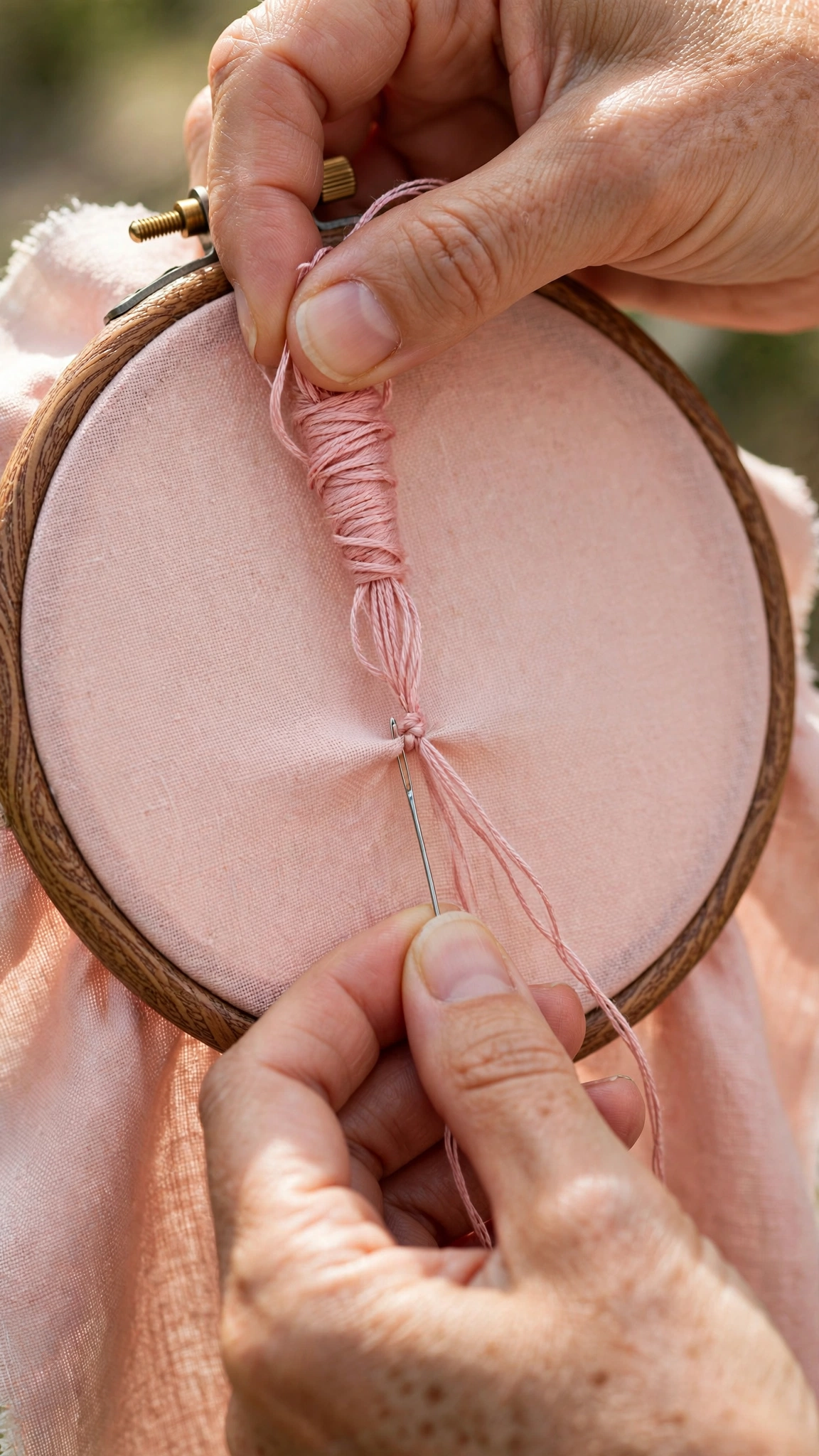 Holding thread taut while pulling the needle through to form a French knot