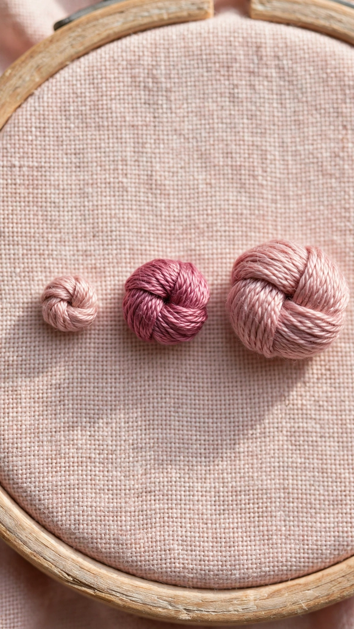 Close-up of finished French knots in small, medium, and large sizes on blush linen