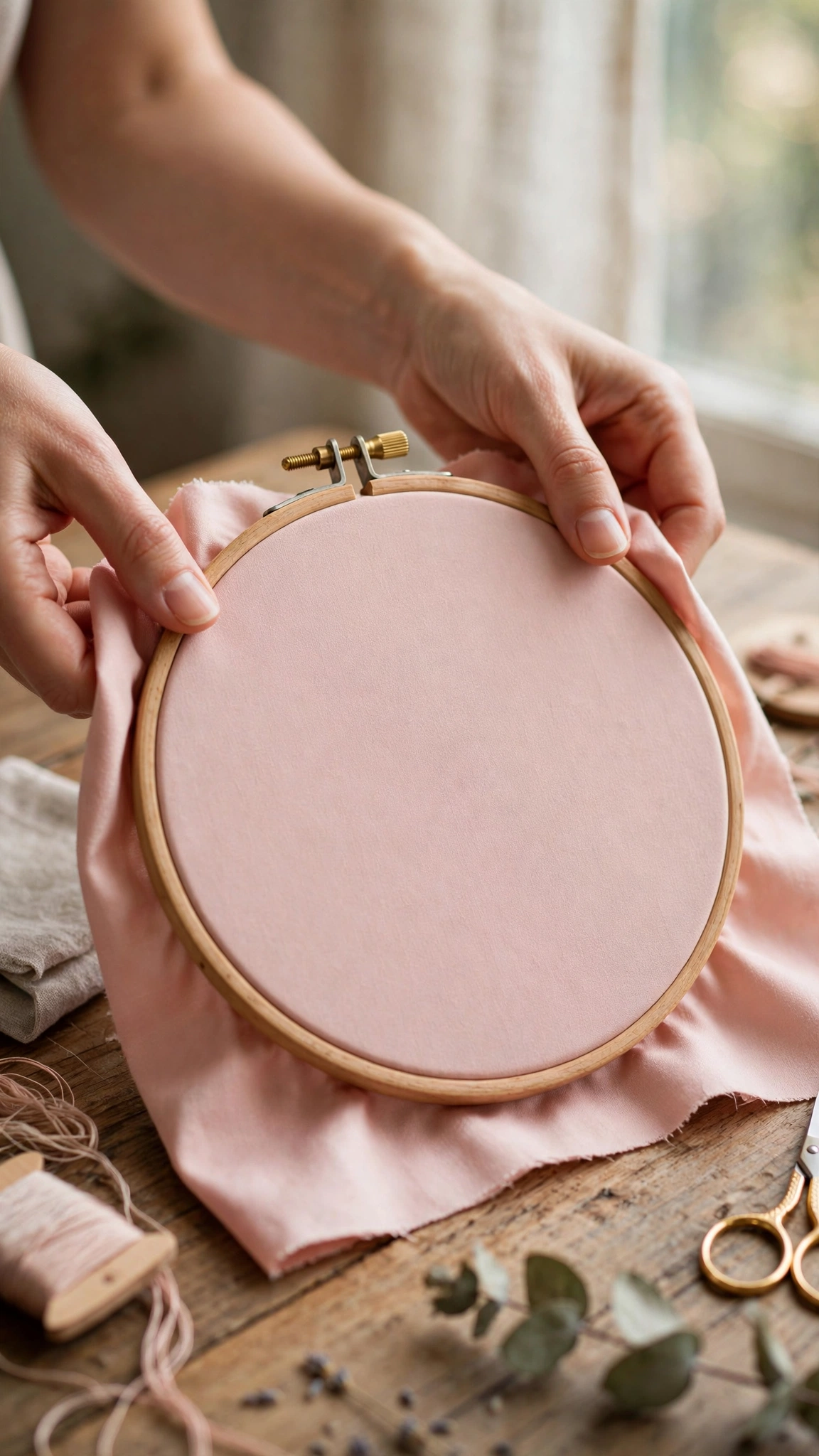 Hands placing fabric smoothly into a wooden embroidery hoop without stretching it