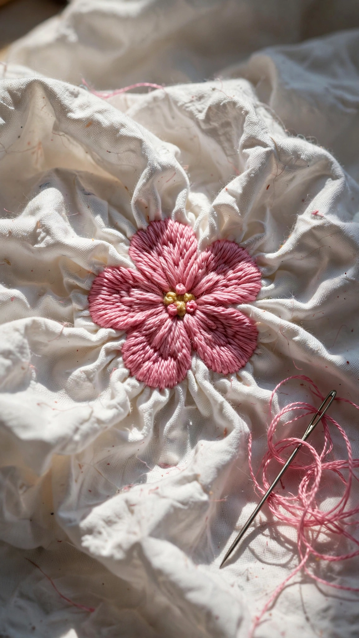 Close-up of puckered wrinkled fabric around an embroidered flower showing the rippled texture