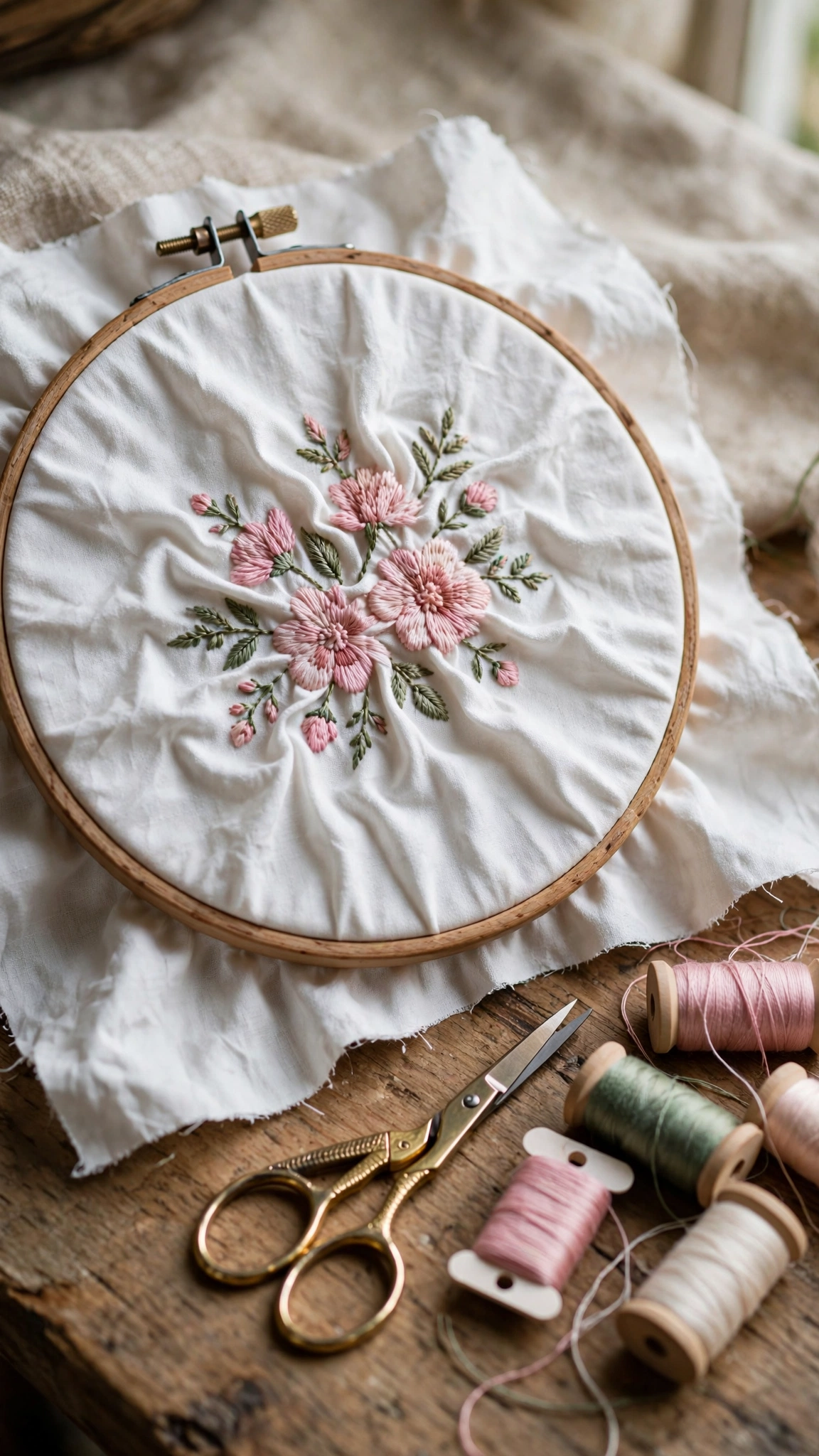 Embroidered floral hoop showing puckered wrinkled fabric around the design