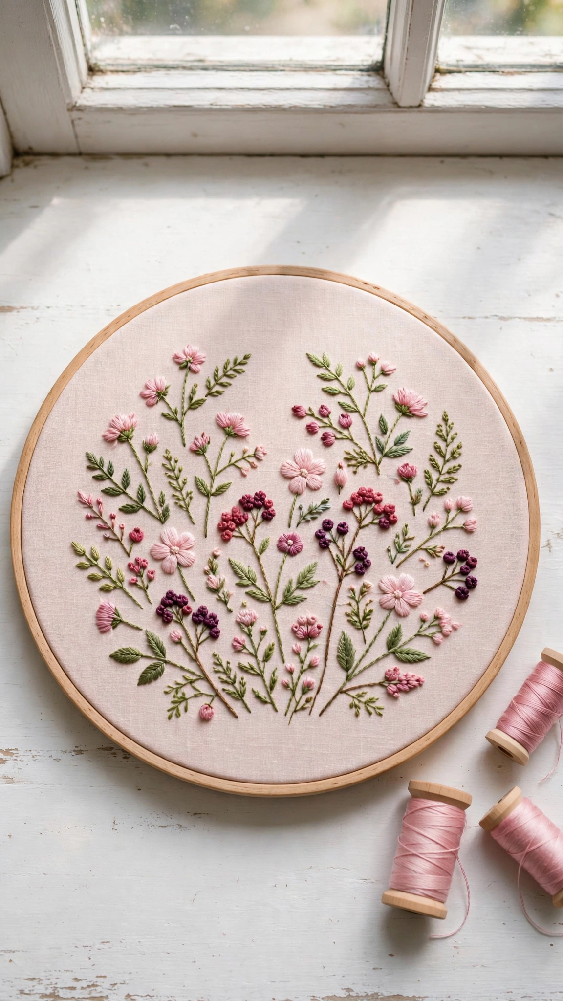 Finished wildflower embroidery hoop with perfectly smooth flat fabric