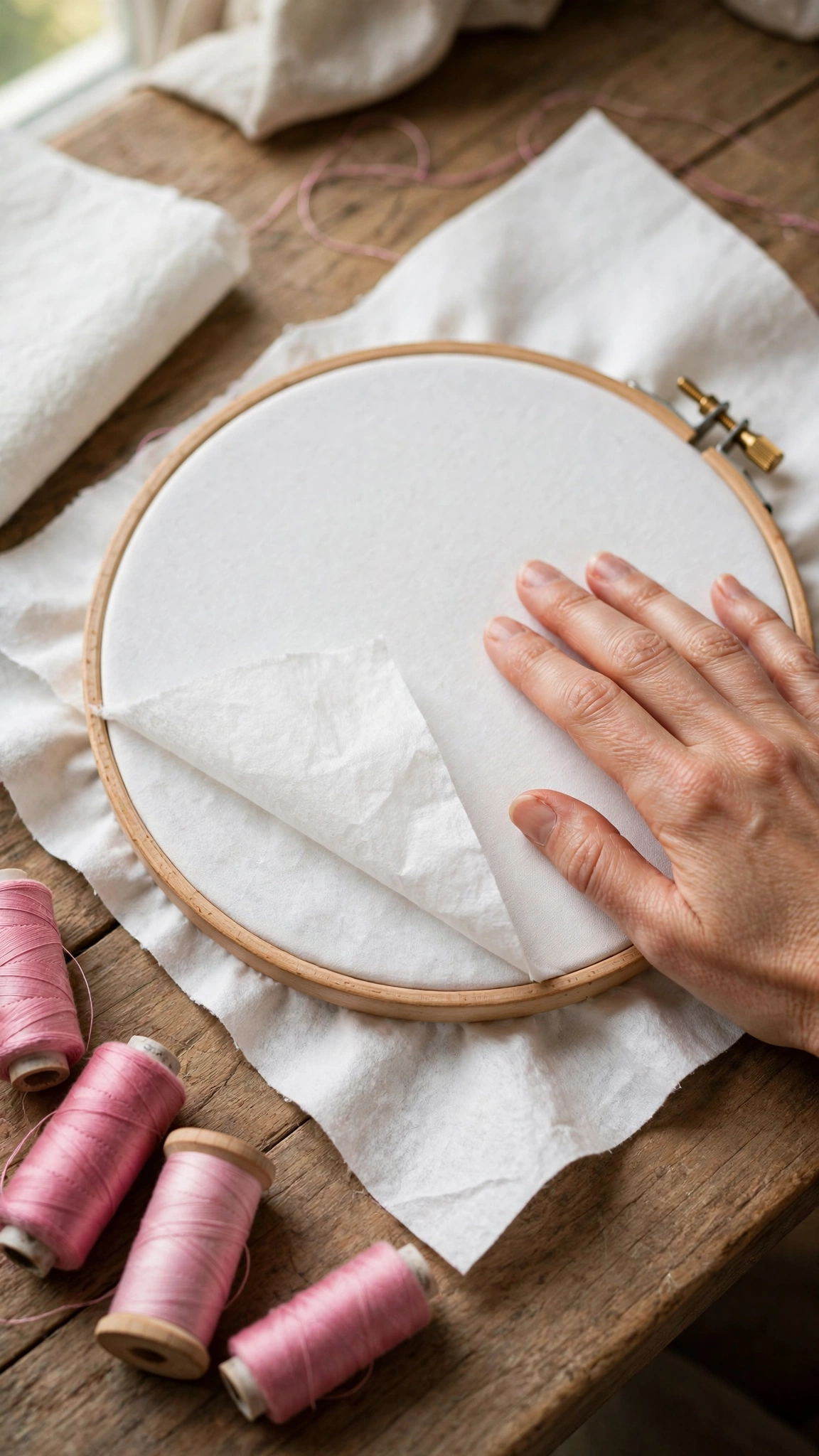 Iron-on stabilizer layered behind cotton fabric in an embroidery hoop