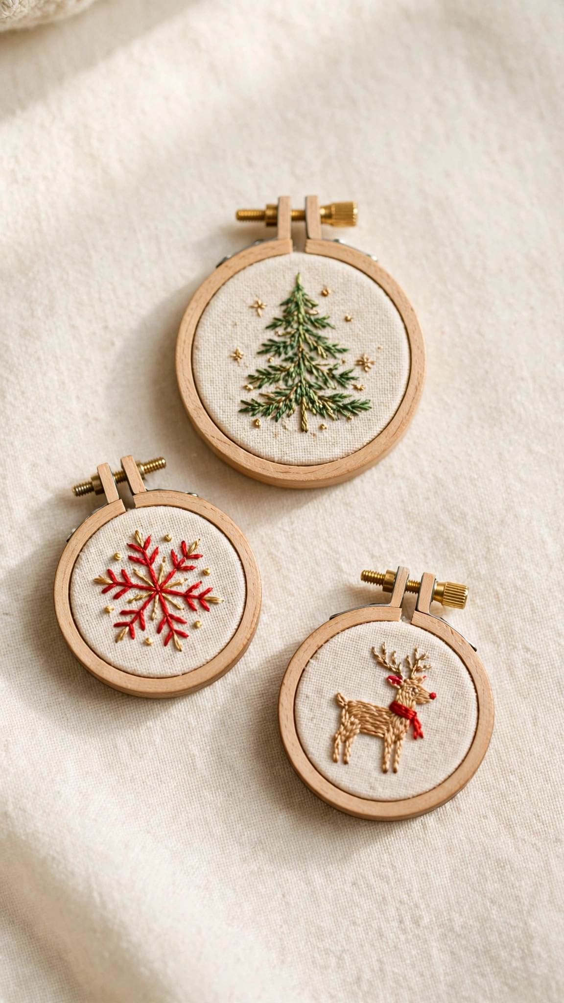 Three tiny wooden embroidery hoops with mini Christmas tree, snowflake and reindeer designs
