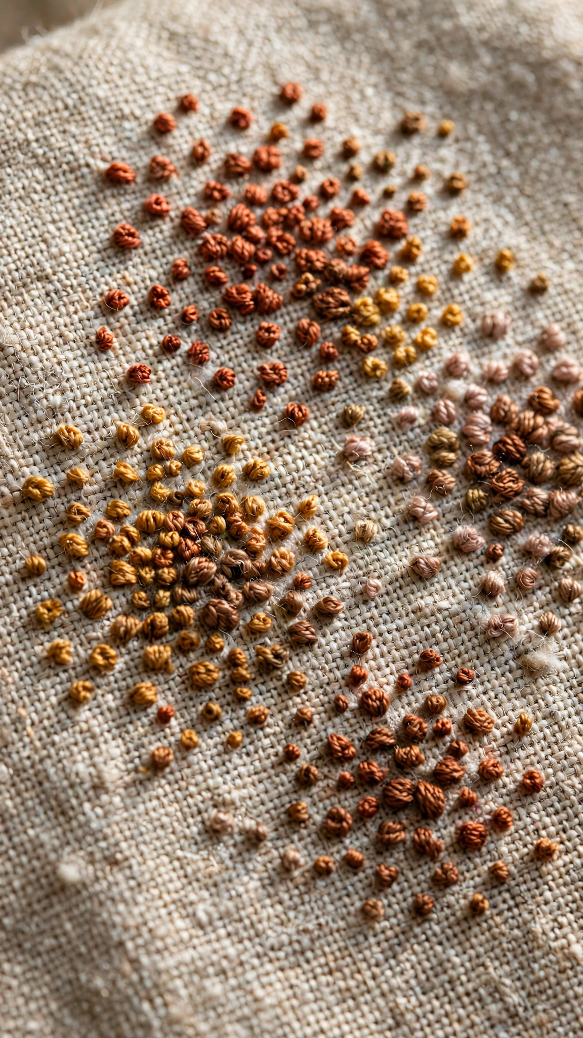 Mixed-size seed stitch clusters in earthy thread colors on natural linen